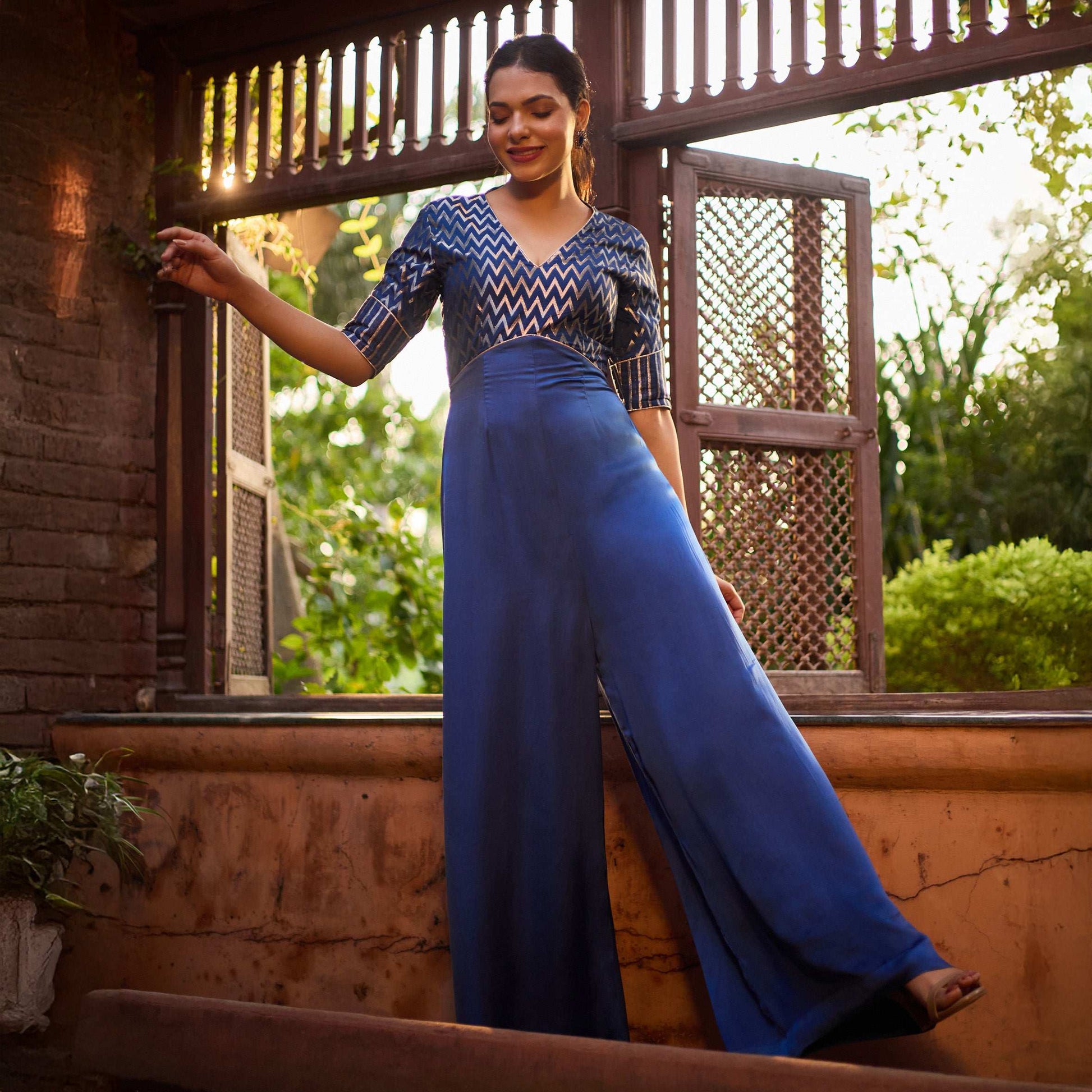 Riyaaz - Chevron Print Silk V Neckline Jumpsuit for Women Fusion Jumpsuit Fusion Jumpsuit