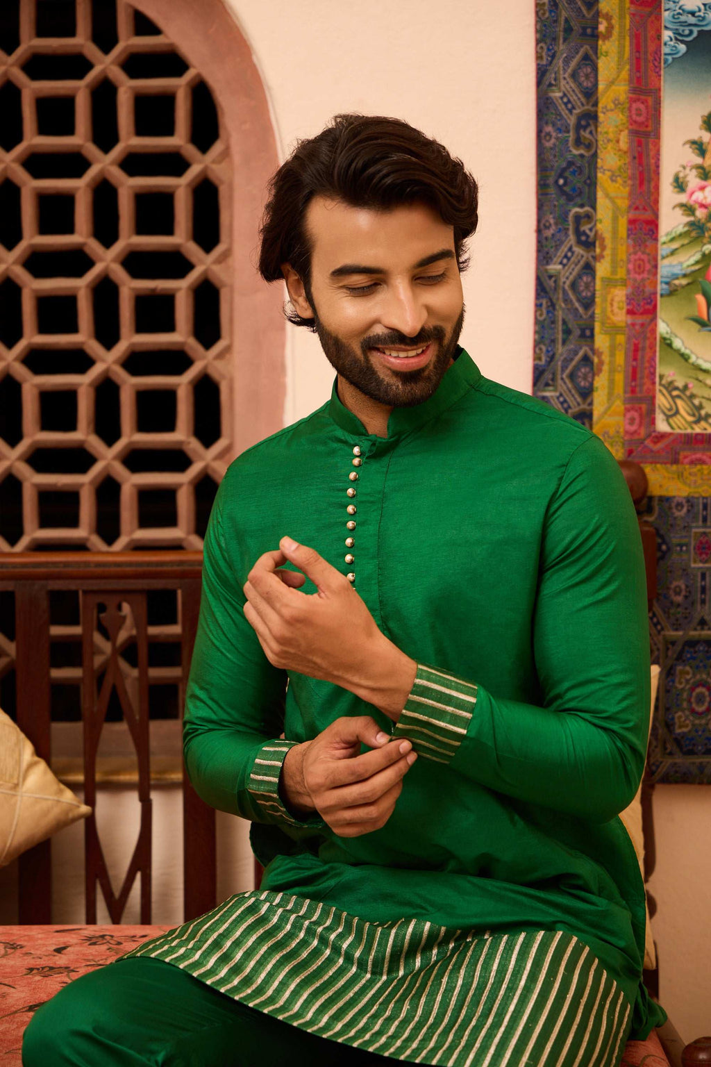 Rubab - Green Silk potli Button Kurta Set with Mandarin Collar Kurta Pant Set Kurta Pant Set