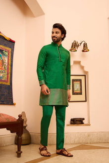 Rubab - Green Silk potli Button Kurta Set with Mandarin Collar