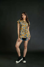 Women's Mustard Floral Cap Sleeve Top Casual Top
