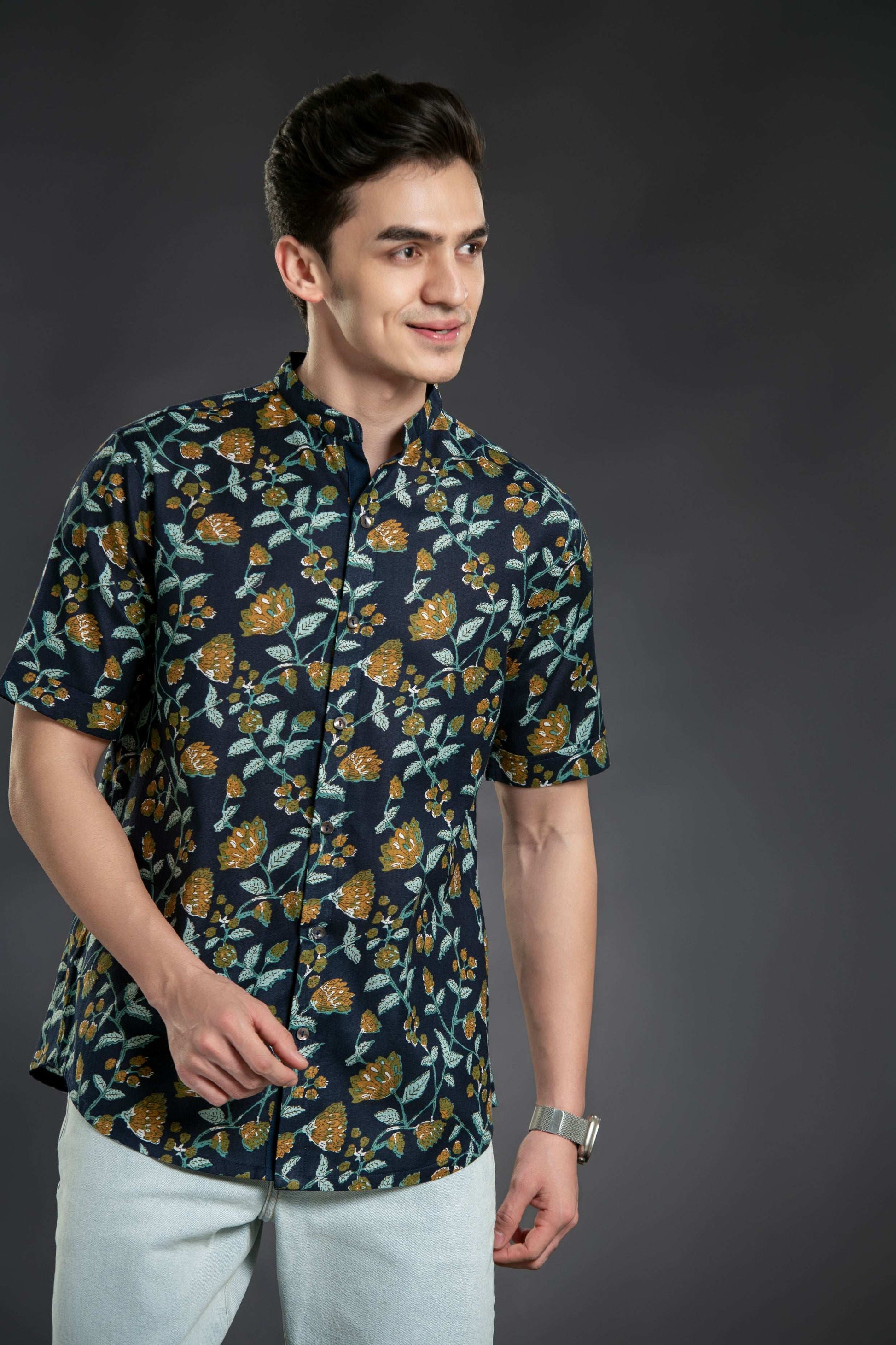 Floral Print Mandarin Collar Shirt Casual Shirt
