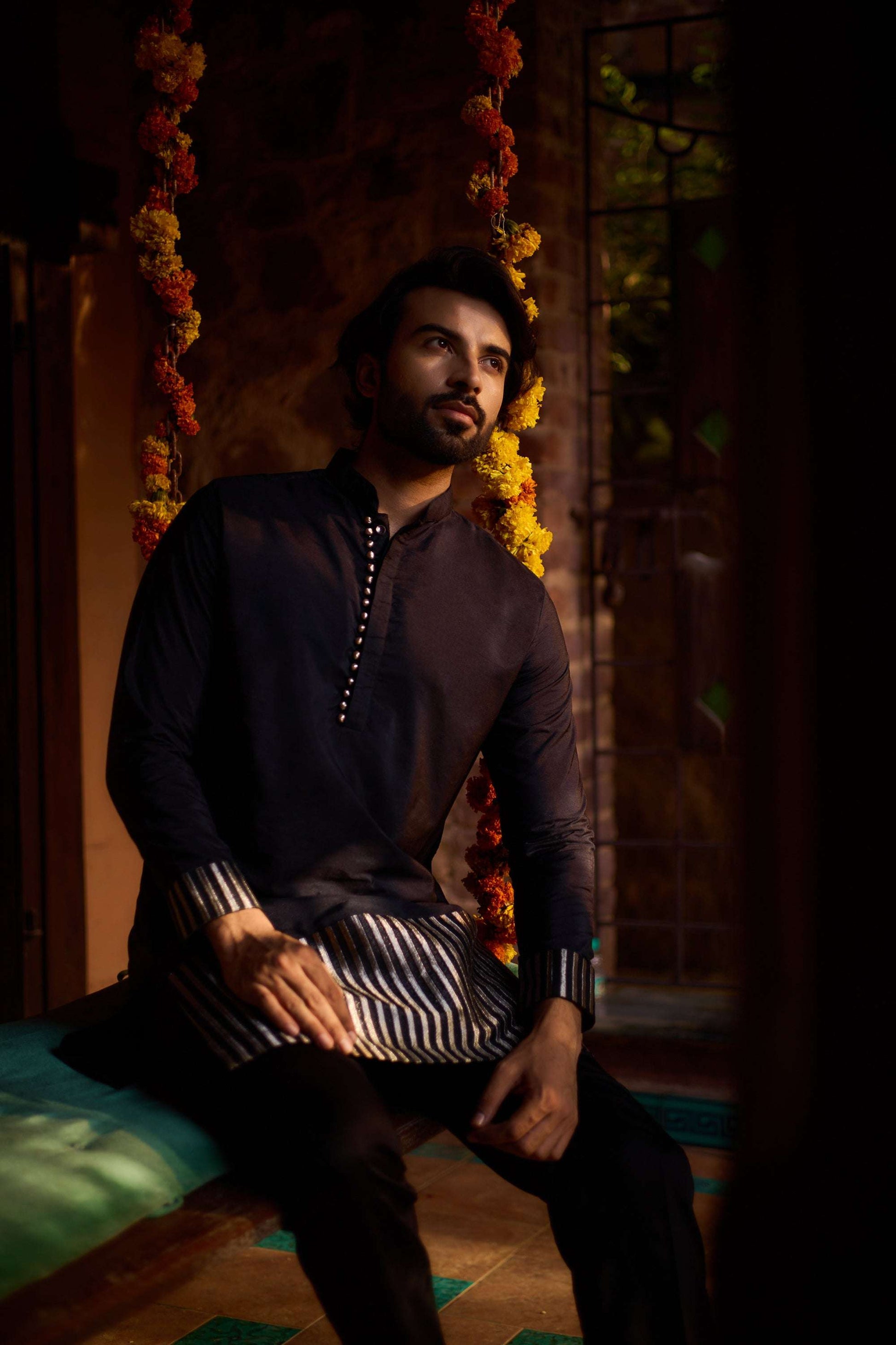 Mannat - Black Silk Silver Strips Co-ords Set for Men with Collar Kurta Pant Set Kurta Pant Set