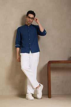 Space Blue - Linen Mandarin Collar Shirt for Men