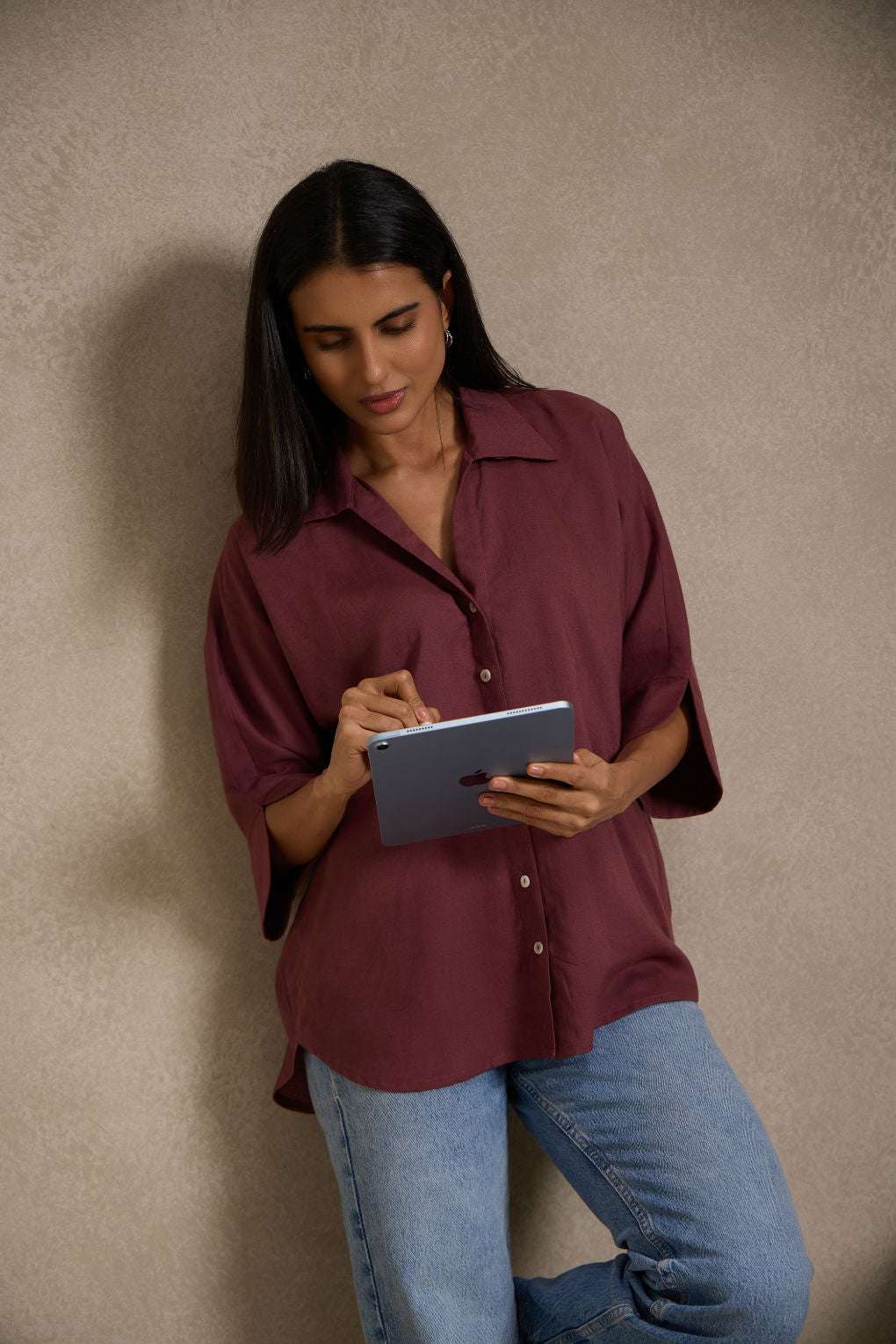 Brick Wine - Linen Dolman Sleeve Shirt for Women Women's Shirt Women's Shirt