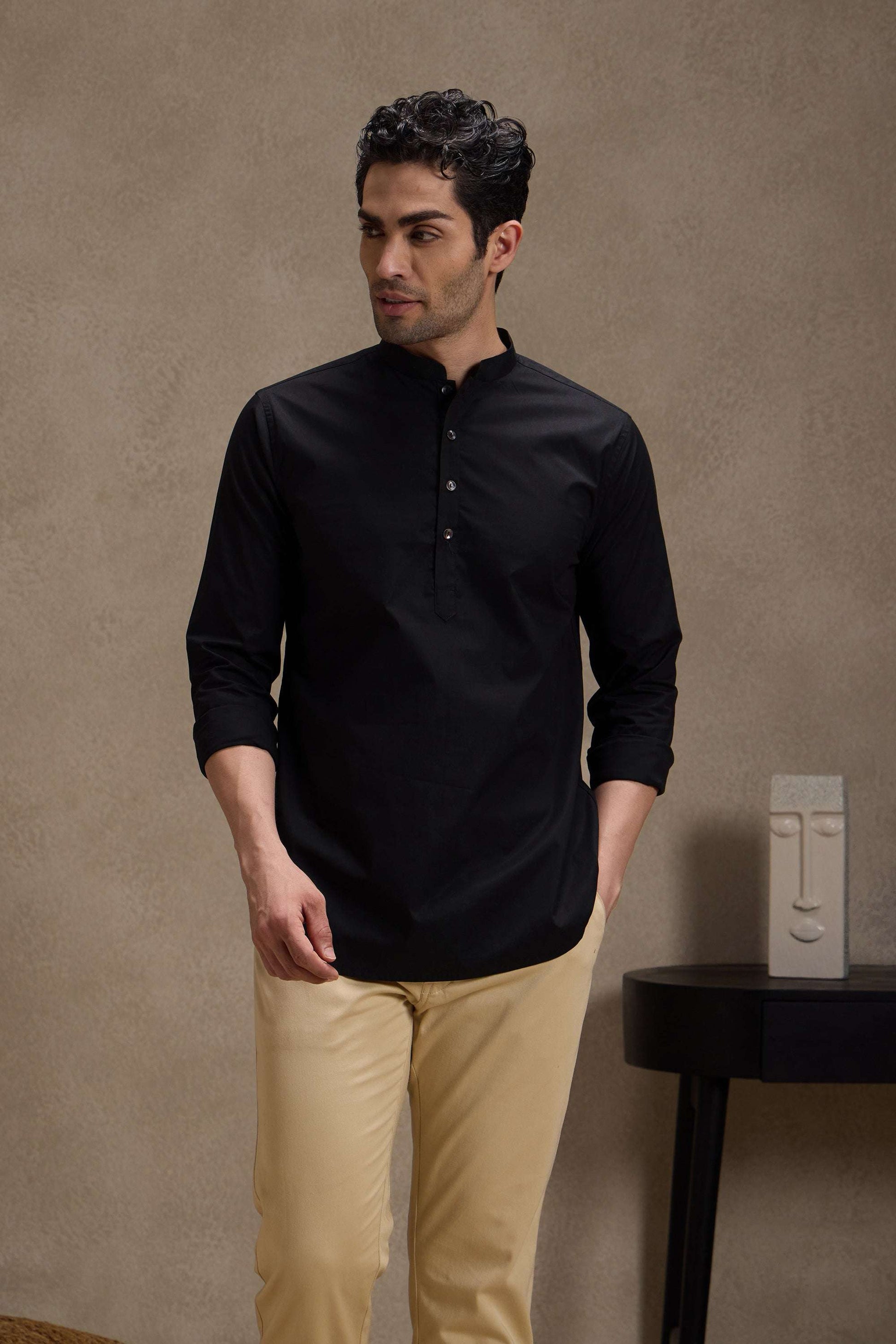 Ebony Black Short Kurta with Mandarin Collar Short Kurta Short Kurta
