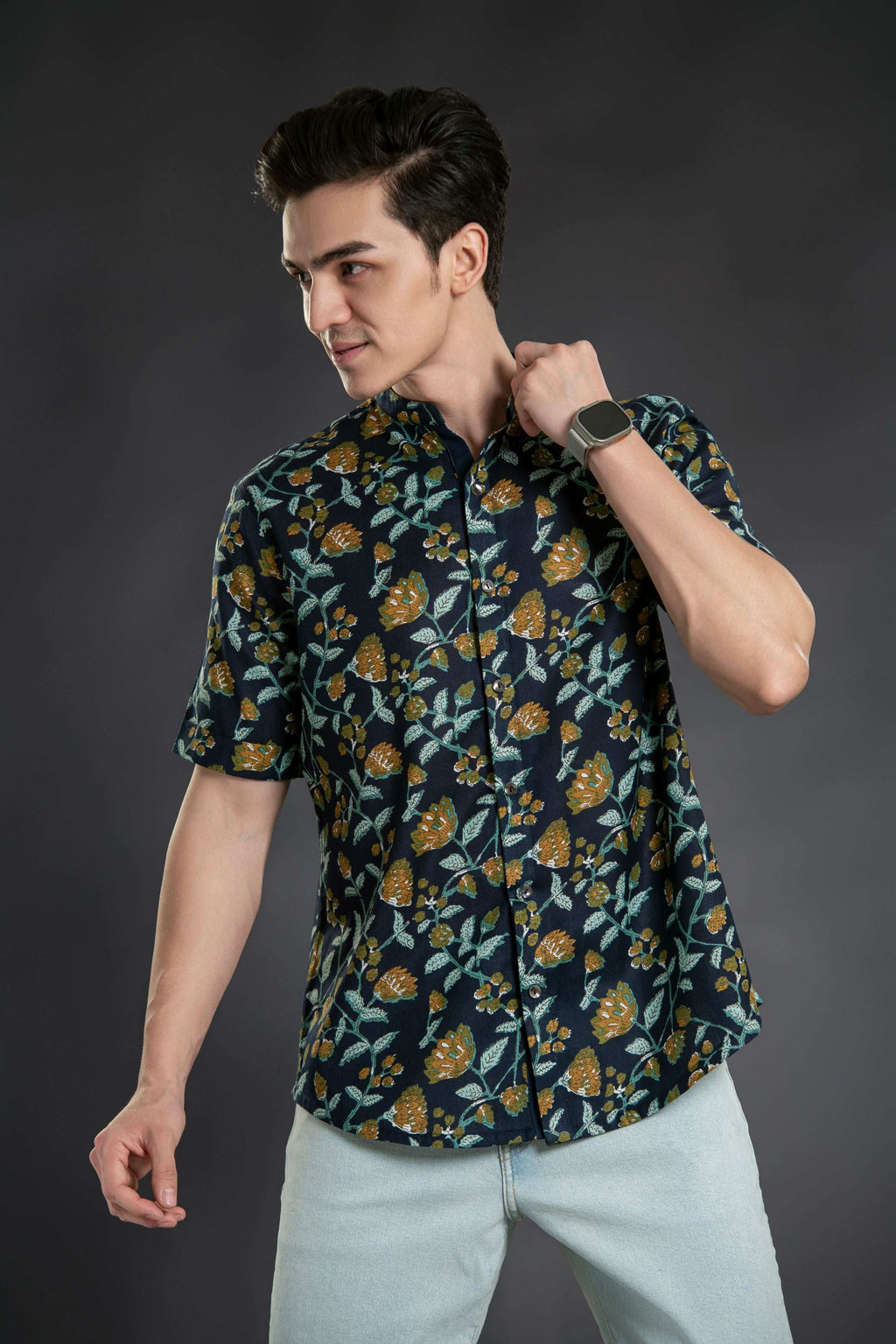 Floral Print Mandarin Collar Shirt Casual Shirt