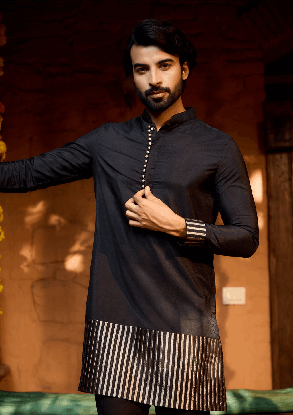 Mannat - Black Silk Silver Strips Co-ords Set for Men with Collar Kurta Pant Set Kurta Pant Set