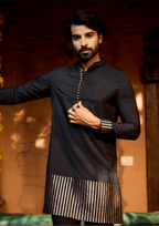 Mannat - Black Silk Silver Strips Co-ords Set for Men with Collar Kurta Pant Set Kurta Pant Set