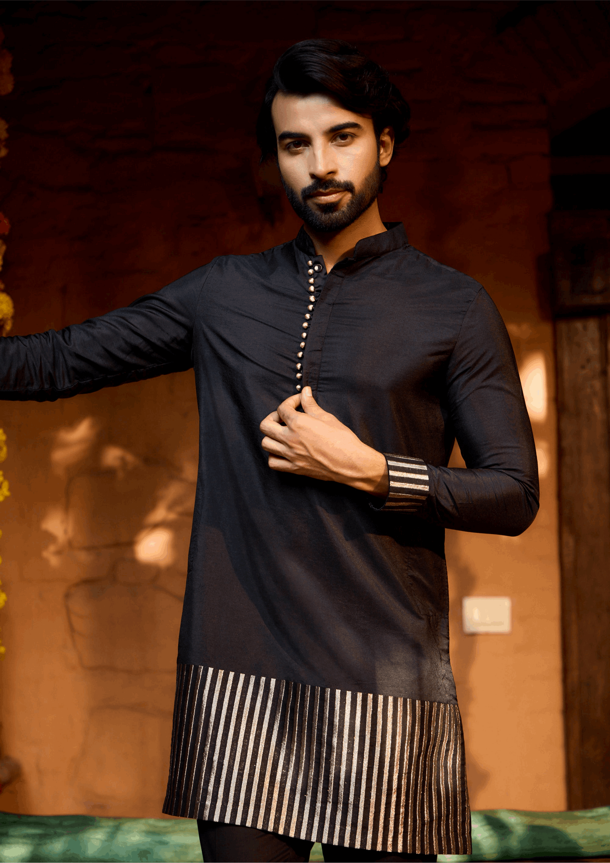 Mannat - Black Silk Silver Strips Co-ords Set for Men with Collar Kurta Pant Set Kurta Pant Set
