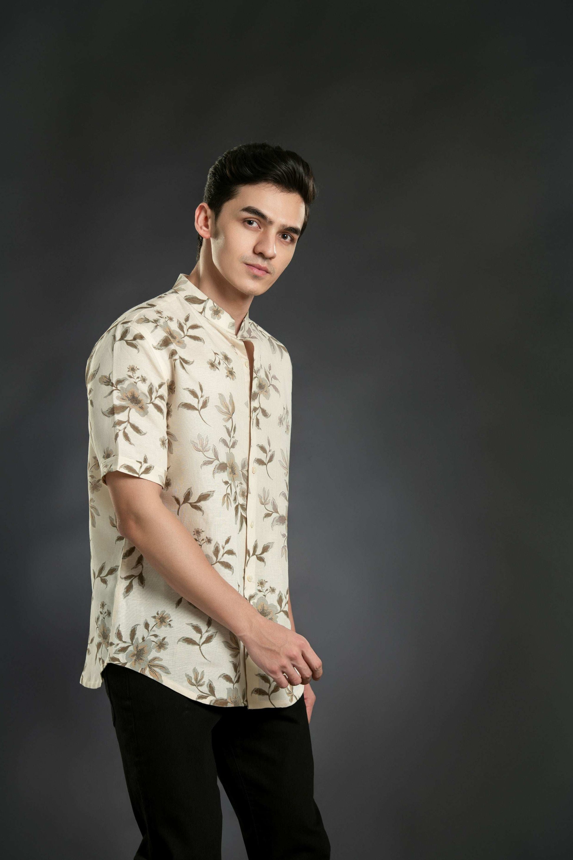 Floral Mandarin Linen Shirt Casual Shirt