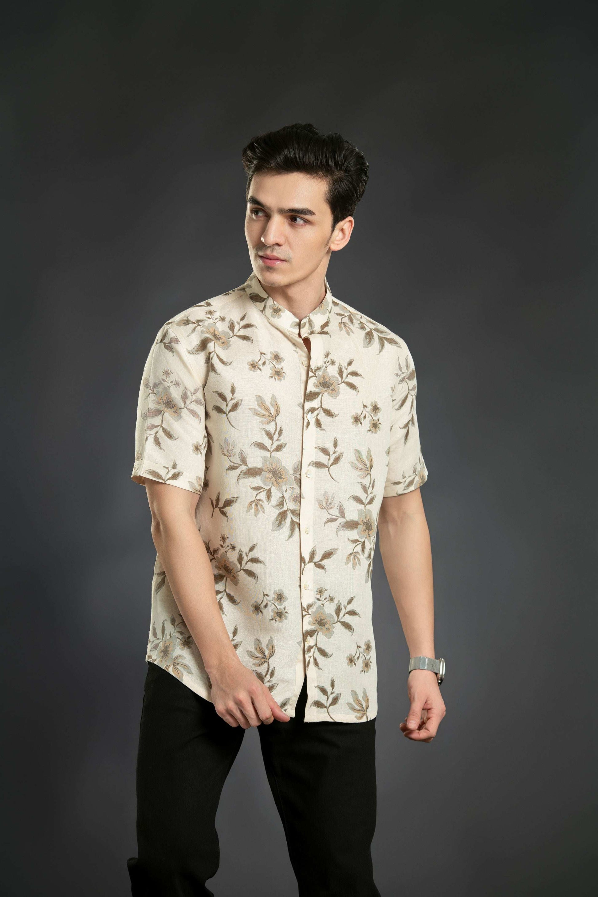 Floral Mandarin Linen Shirt Casual Shirt