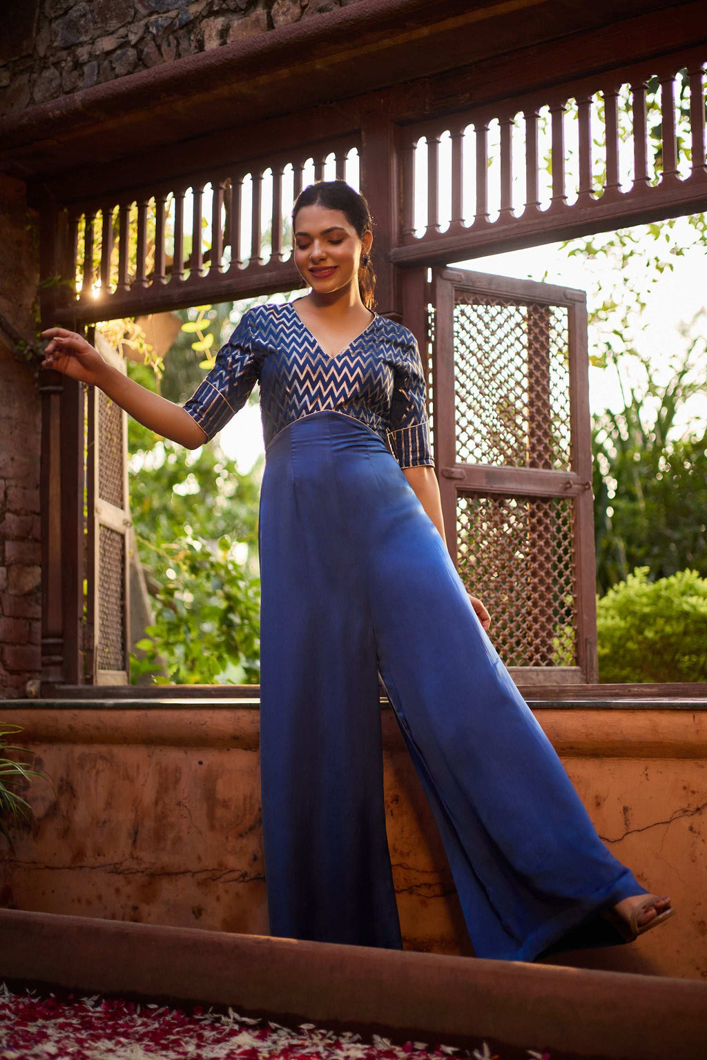 Riyaaz - Chevron Print Silk V Neckline Jumpsuit for Women Fusion Jumpsuit Fusion Jumpsuit