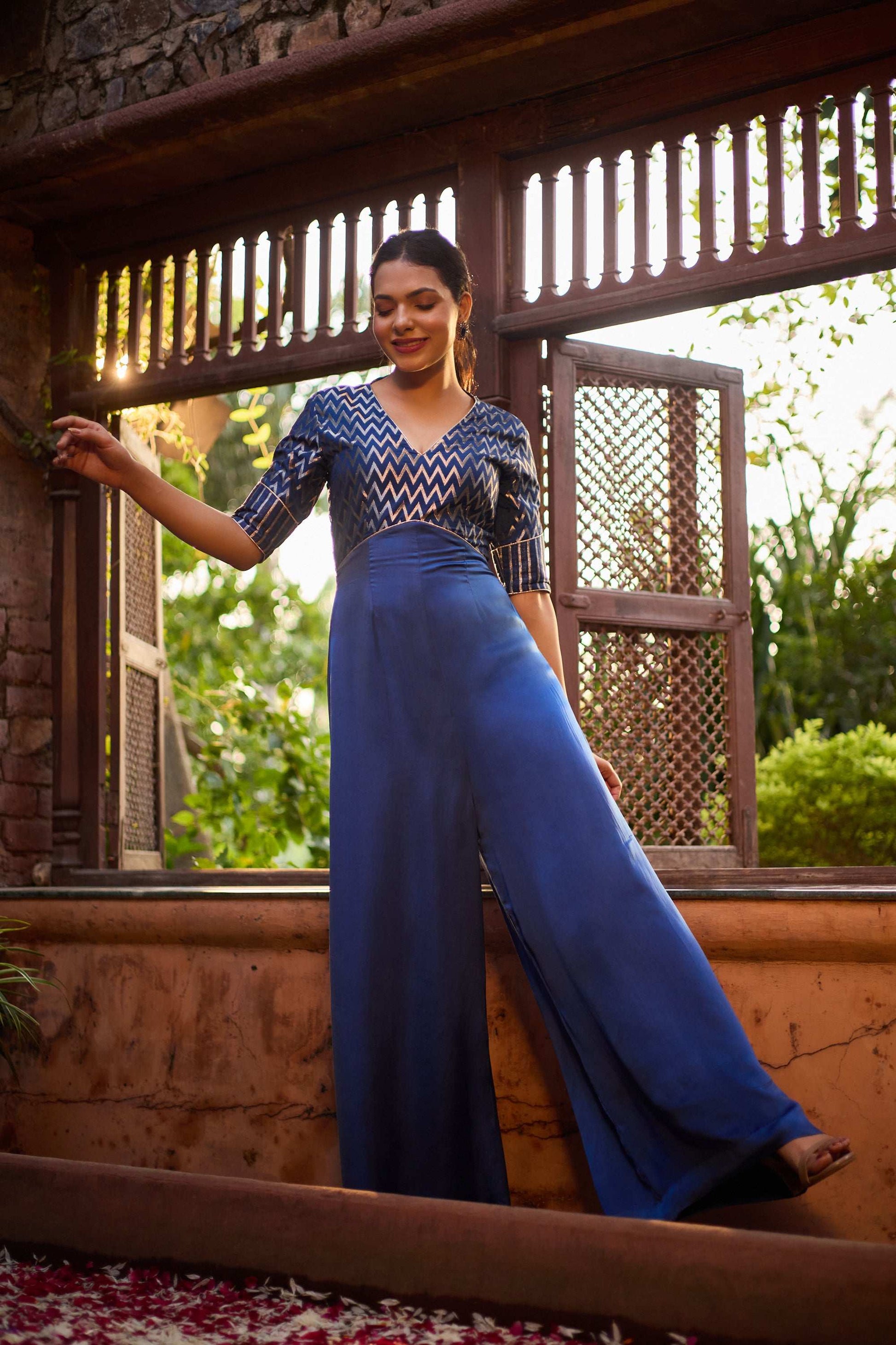 Riyaaz - Chevron Print Silk V Neckline Jumpsuit for Women Fusion Jumpsuit Fusion Jumpsuit