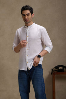 Vanilla White - Linen Mandarin Collar Shirt for Men