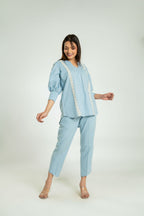 Women's Crochet Lace Short Coord Set with Balloon Sleeves Short Co-Ord Set