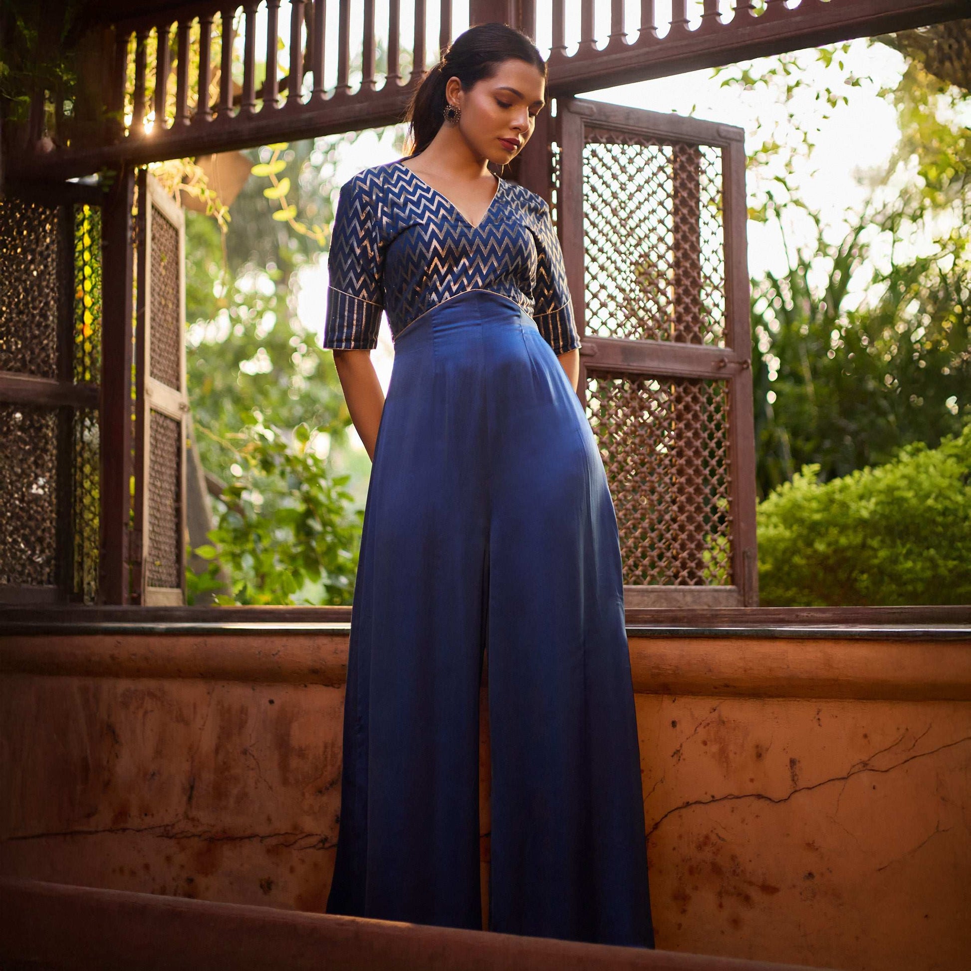 Riyaaz - Chevron Print Silk V Neckline Jumpsuit for Women Fusion Jumpsuit Fusion Jumpsuit