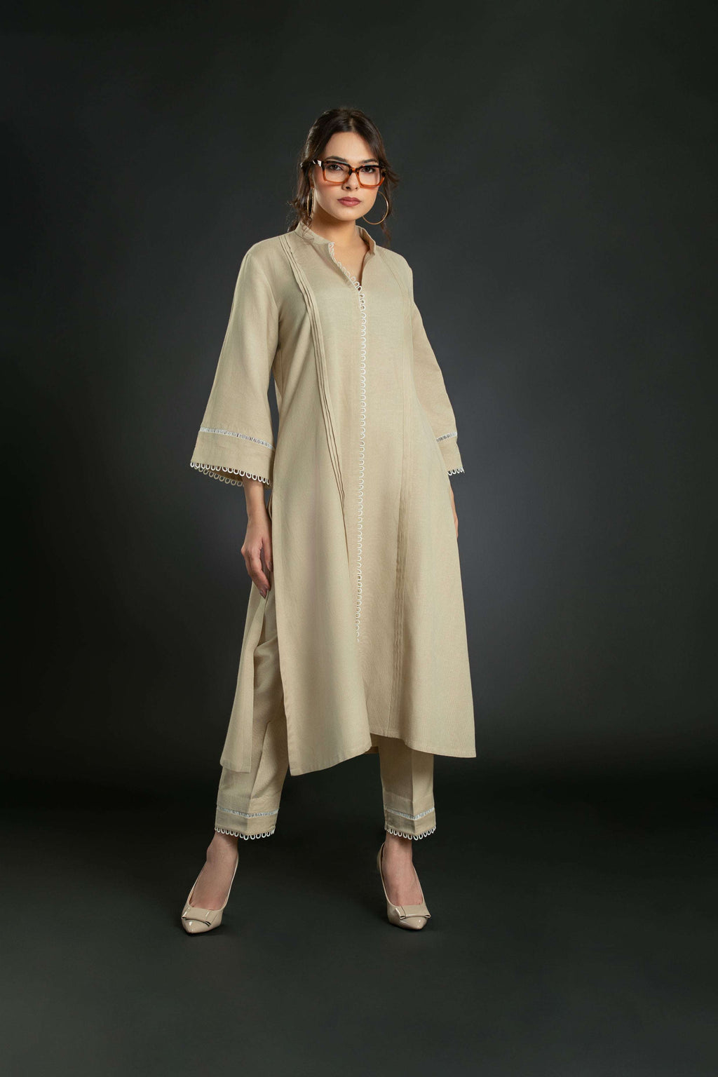 Women's Pleated Lace Long Coord Set with Bell Sleeves Long Co-Ord Set