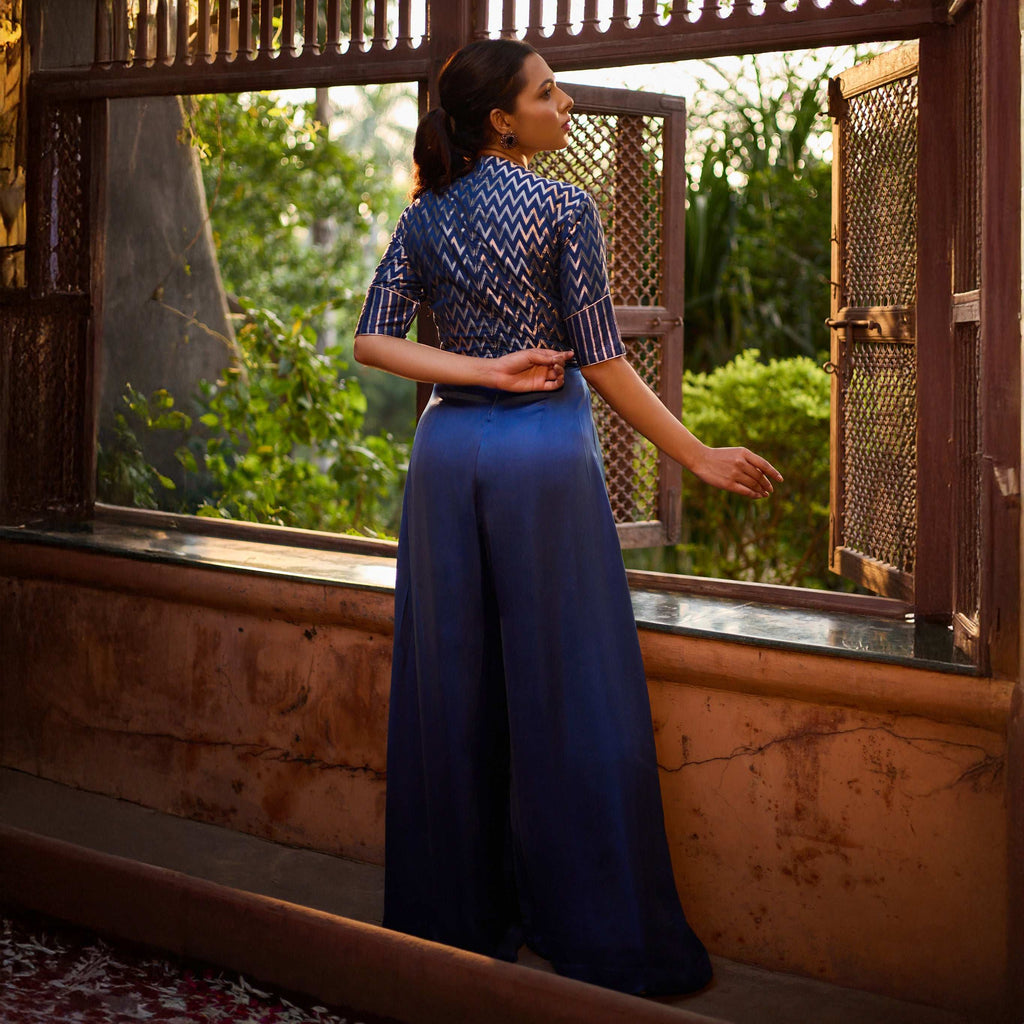 Riyaaz - Chevron Print Silk V Neckline Jumpsuit for Women Fusion Jumpsuit Fusion Jumpsuit