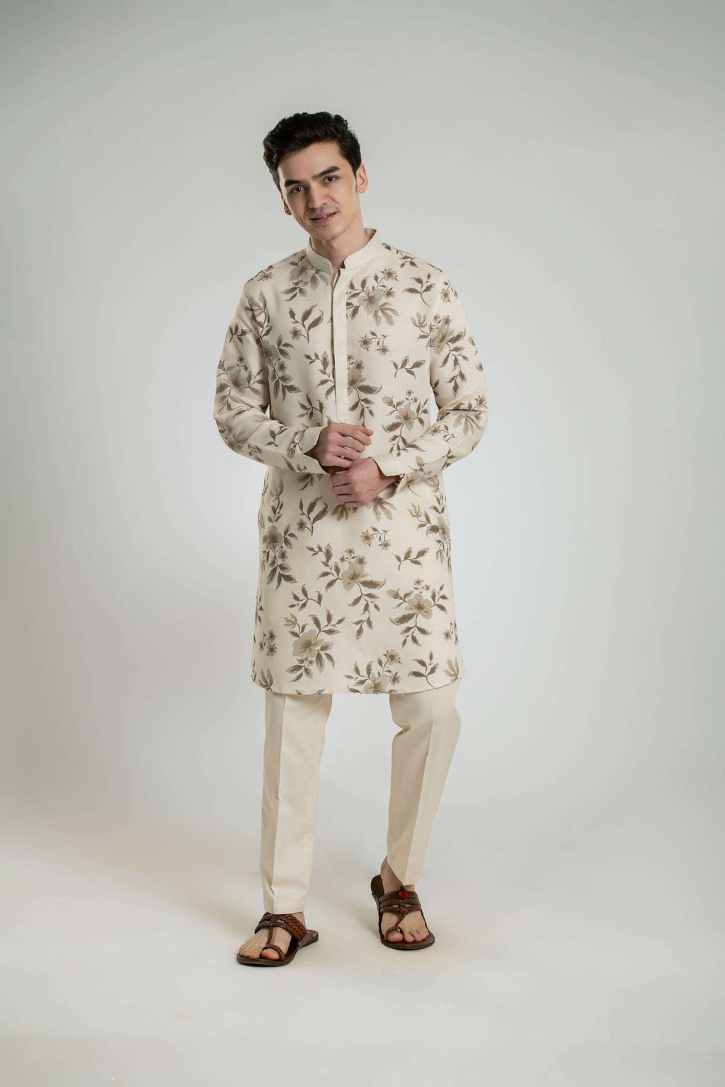 Floral Linen Kurta Set With Anchor Thread Embroidery Kurta Pant Set