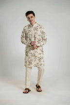 Floral Linen Kurta Set With Anchor Thread Embroidery Kurta Pant Set