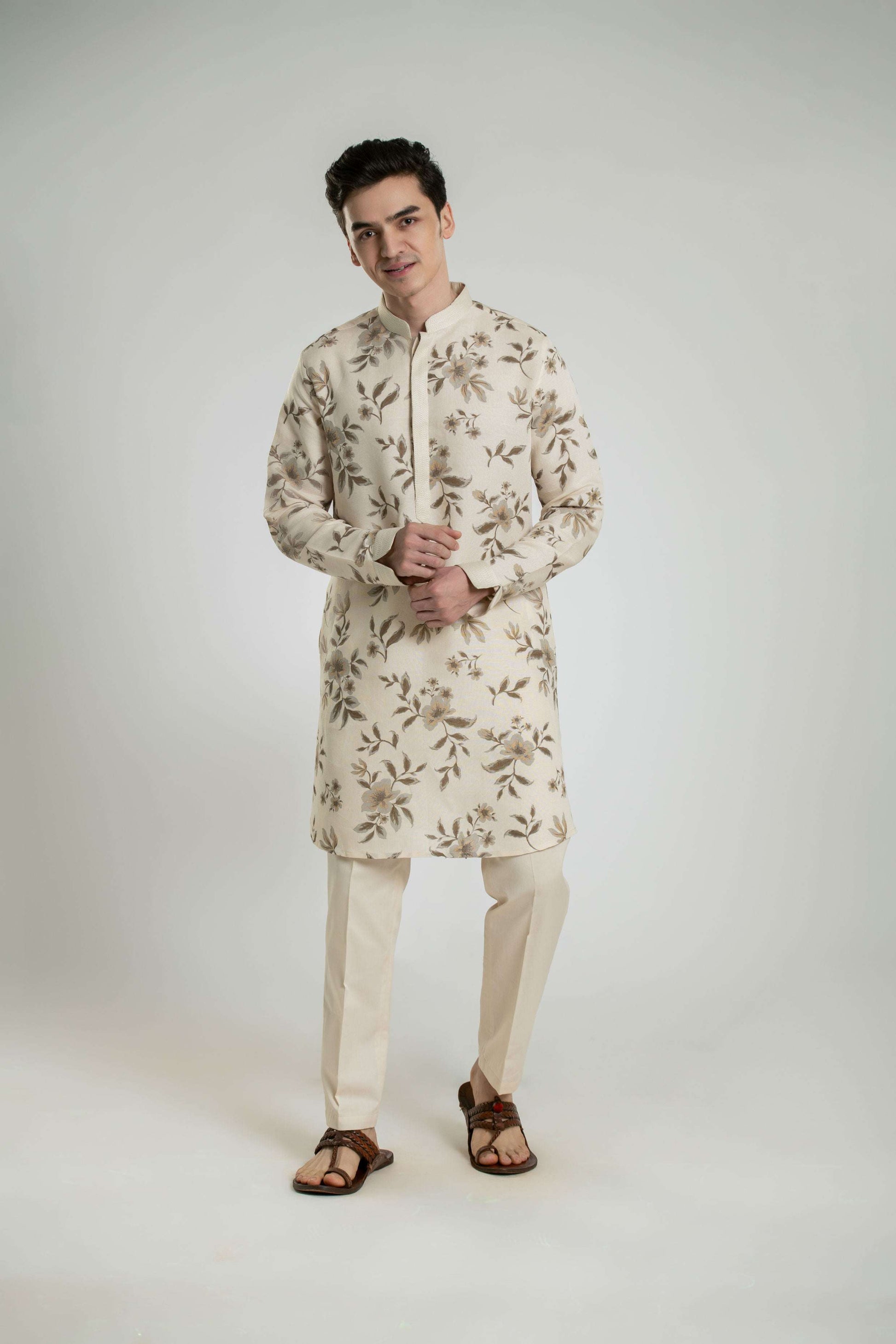 Floral Linen Kurta Set With Anchor Thread Embroidery Kurta Pant Set