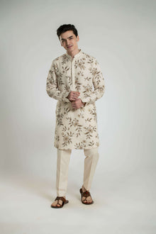 Floral Linen Kurta Set With Anchor Thread Embroidery