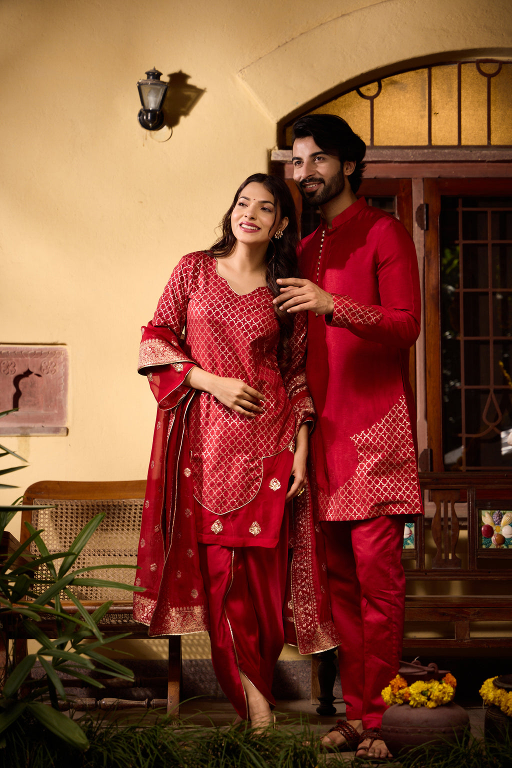 Kaynaat & Qurat - Temple with Tulip Salwar Man Women Set