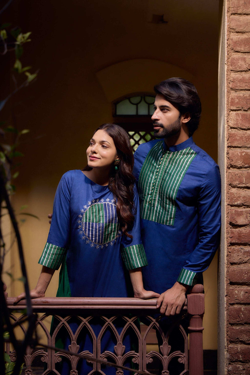 Azaan & Ayana - Silk Gold Striped & Potli Buttons Twin Set Twinning Statement