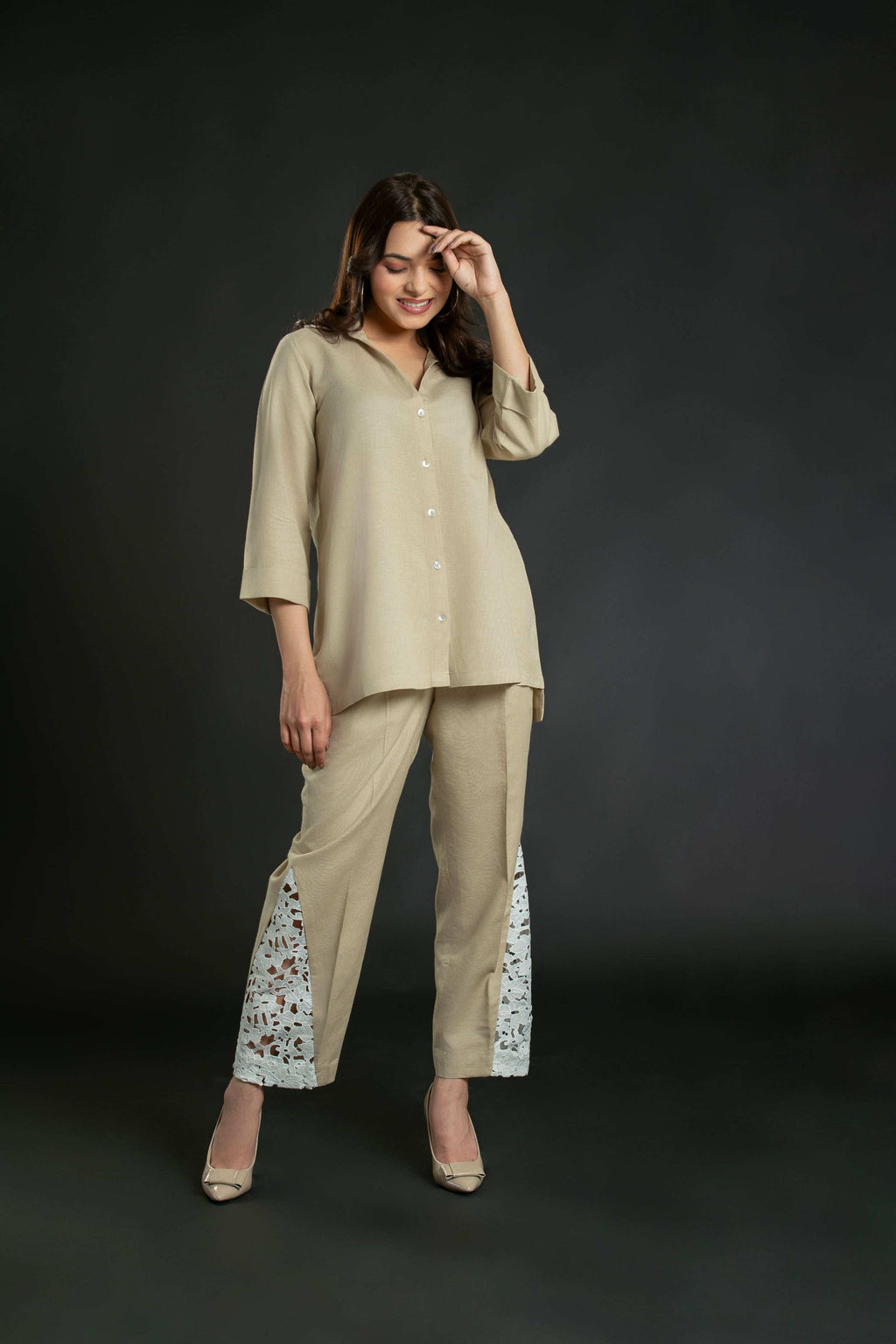 Women's Crochet Collar Short Coord with Bottom Crochet Detailing Short Co-Ord Set