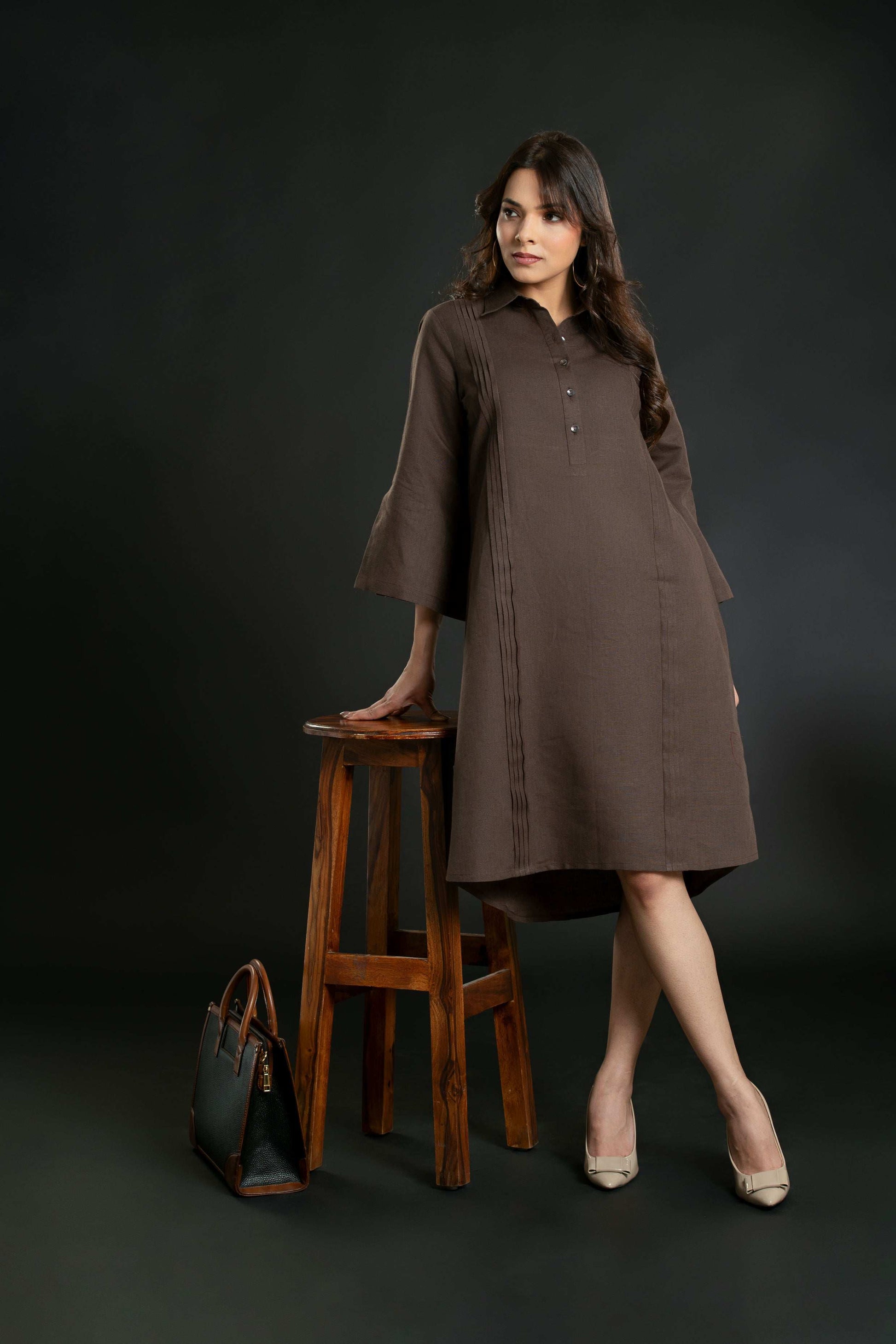 Women's Pleated Shirt Linen Dress Midi Dress
