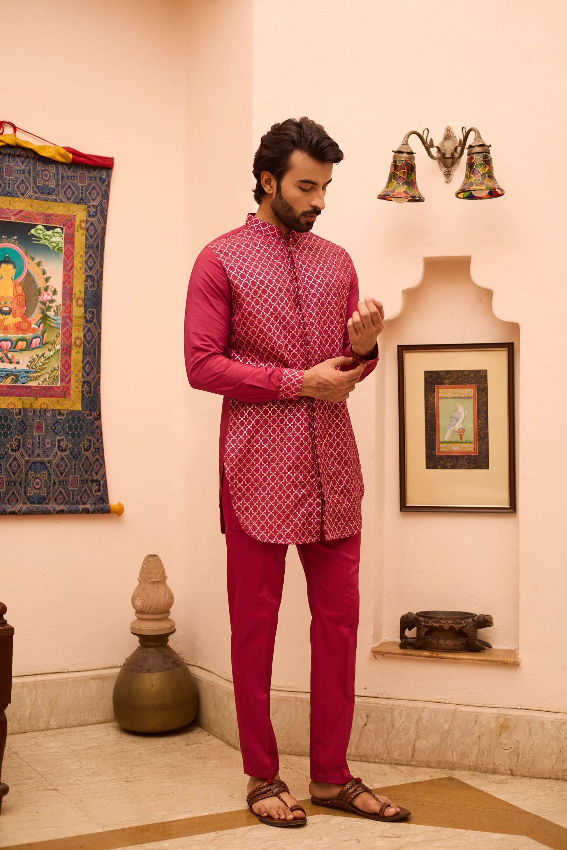 Nuraaz - Silk Mazenta Kurta Set for Men with Mandarin Collar Kurta Pant Set Kurta Pant Set