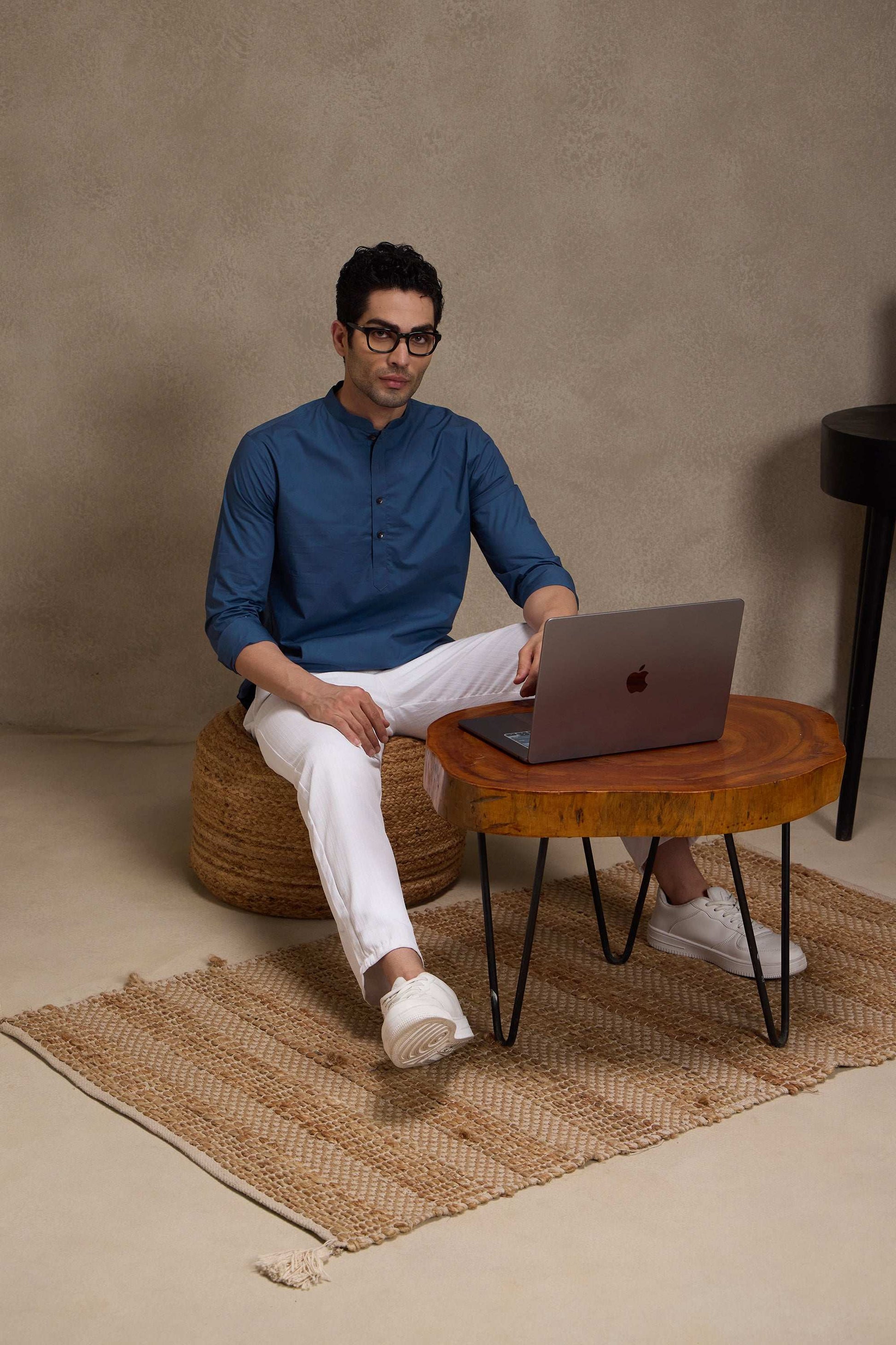 Admiral Blue Premium Cotton Mandarin Collar Short Kurta Short Kurta Short Kurta