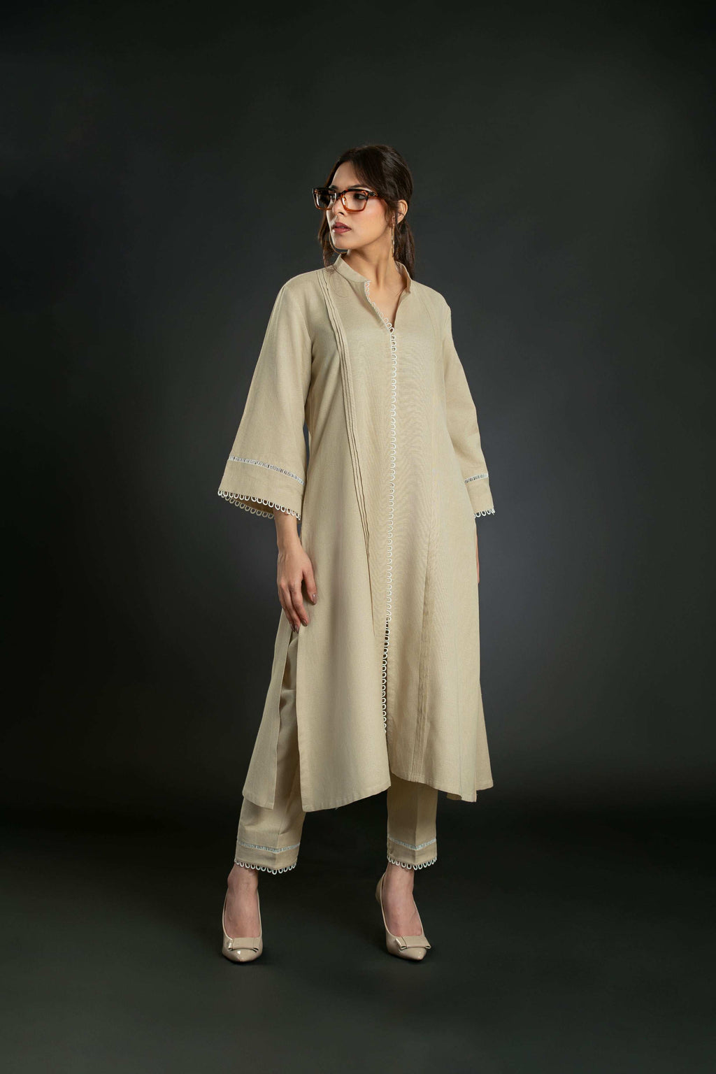 Women's Pleated Lace Long Coord Set with Bell Sleeves Long Co-Ord Set