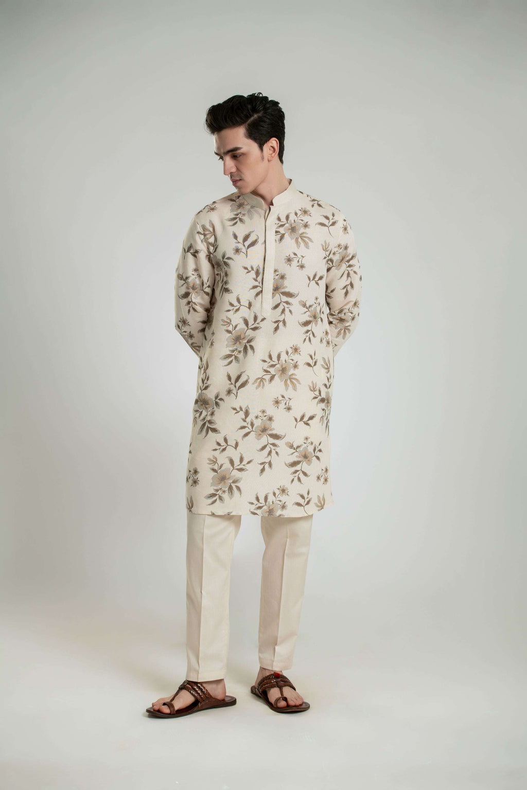 Floral Linen Kurta Set With Anchor Thread Embroidery Kurta Pant Set