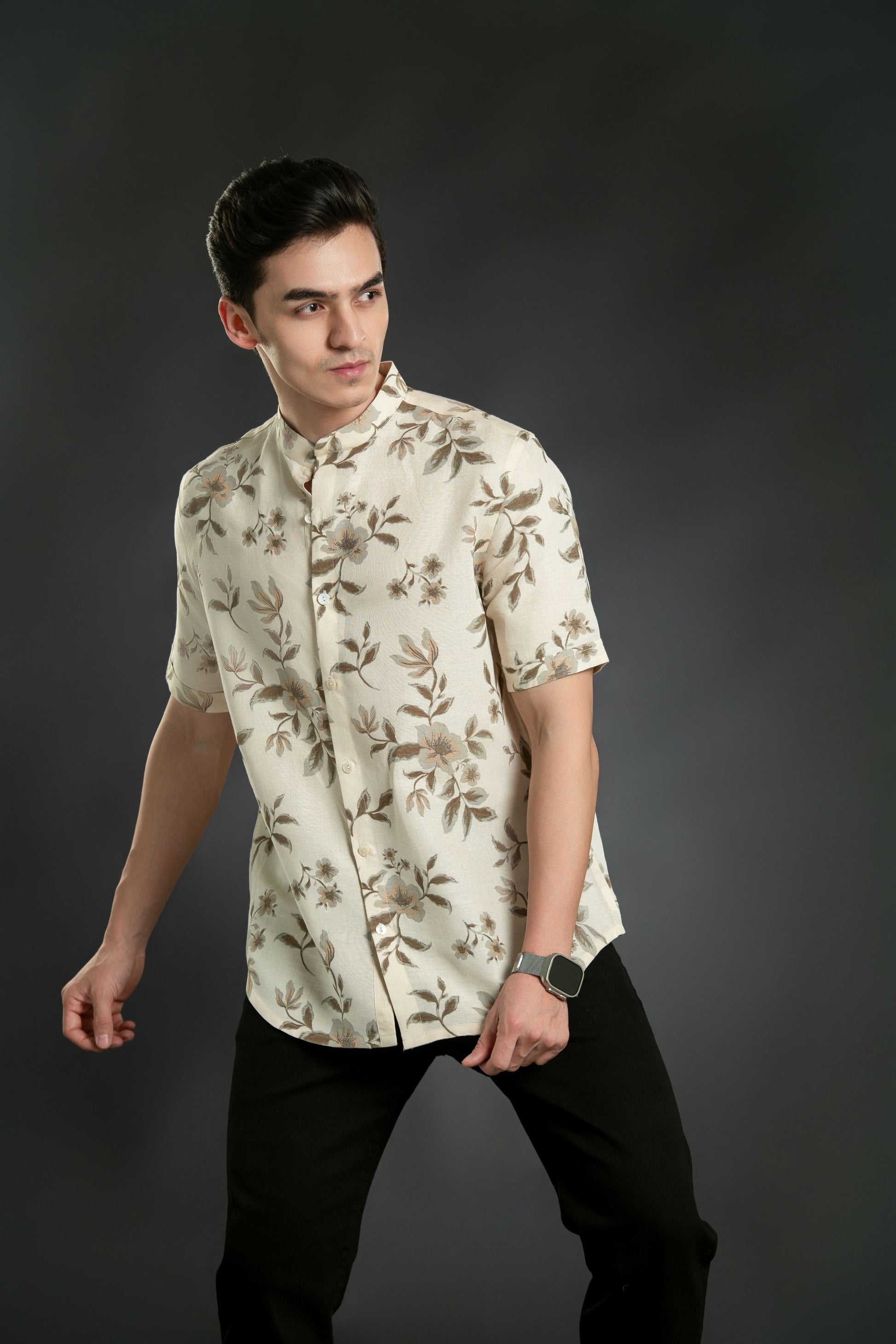 linen beige floral shirt