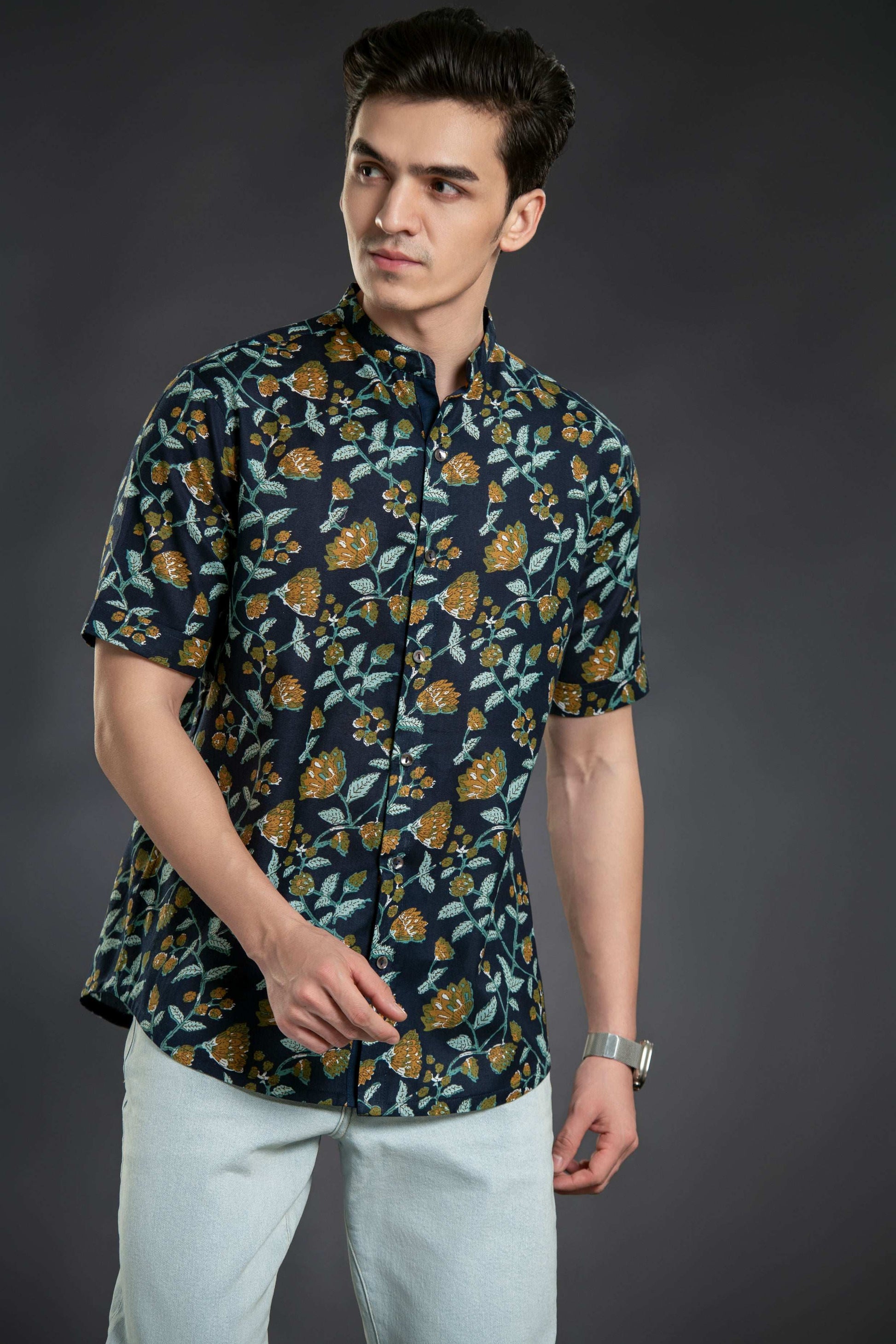 Floral Print Mandarin Collar Shirt Casual Shirt