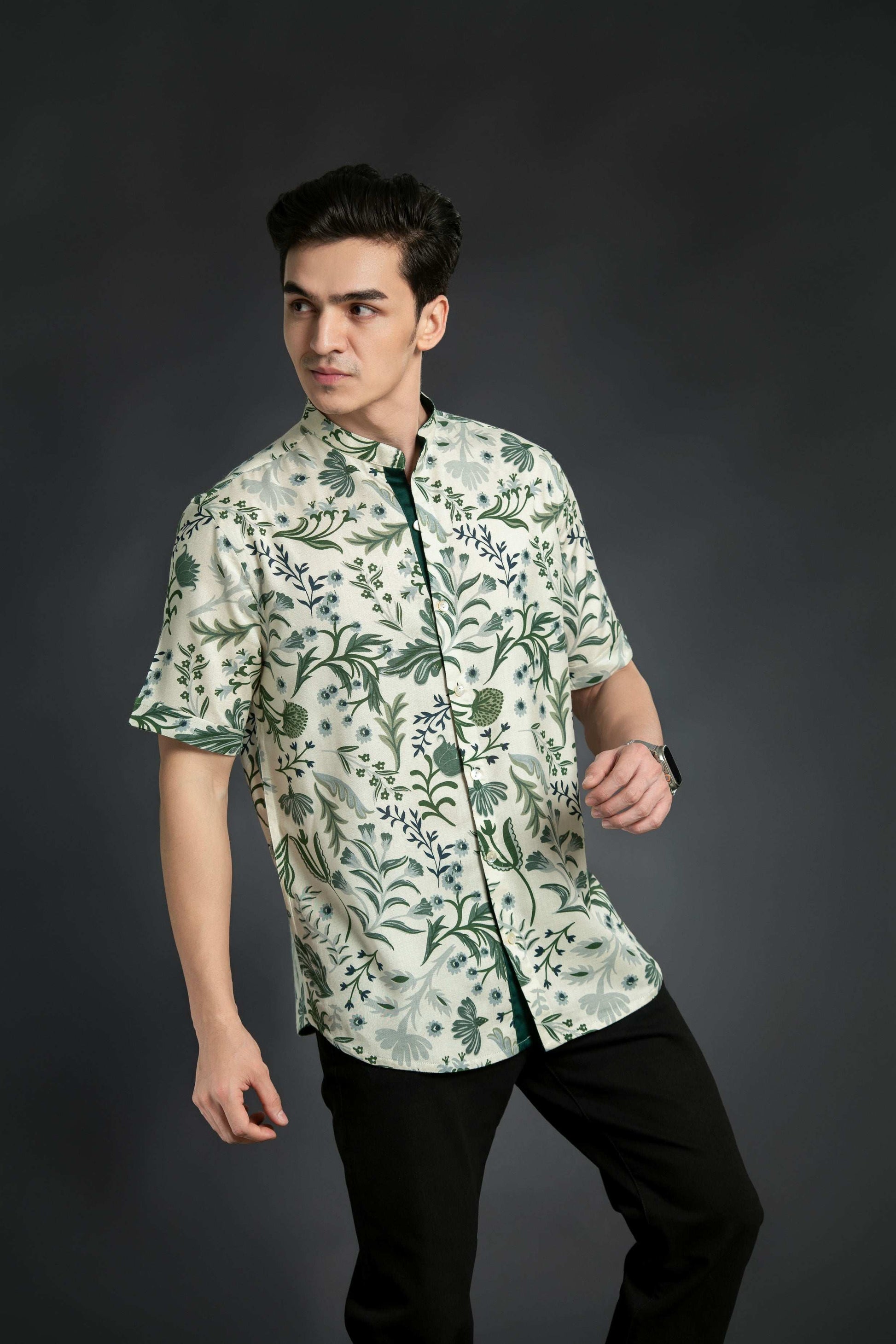 Floral Linen Shirt With Mandarin Collar Casual Shirt