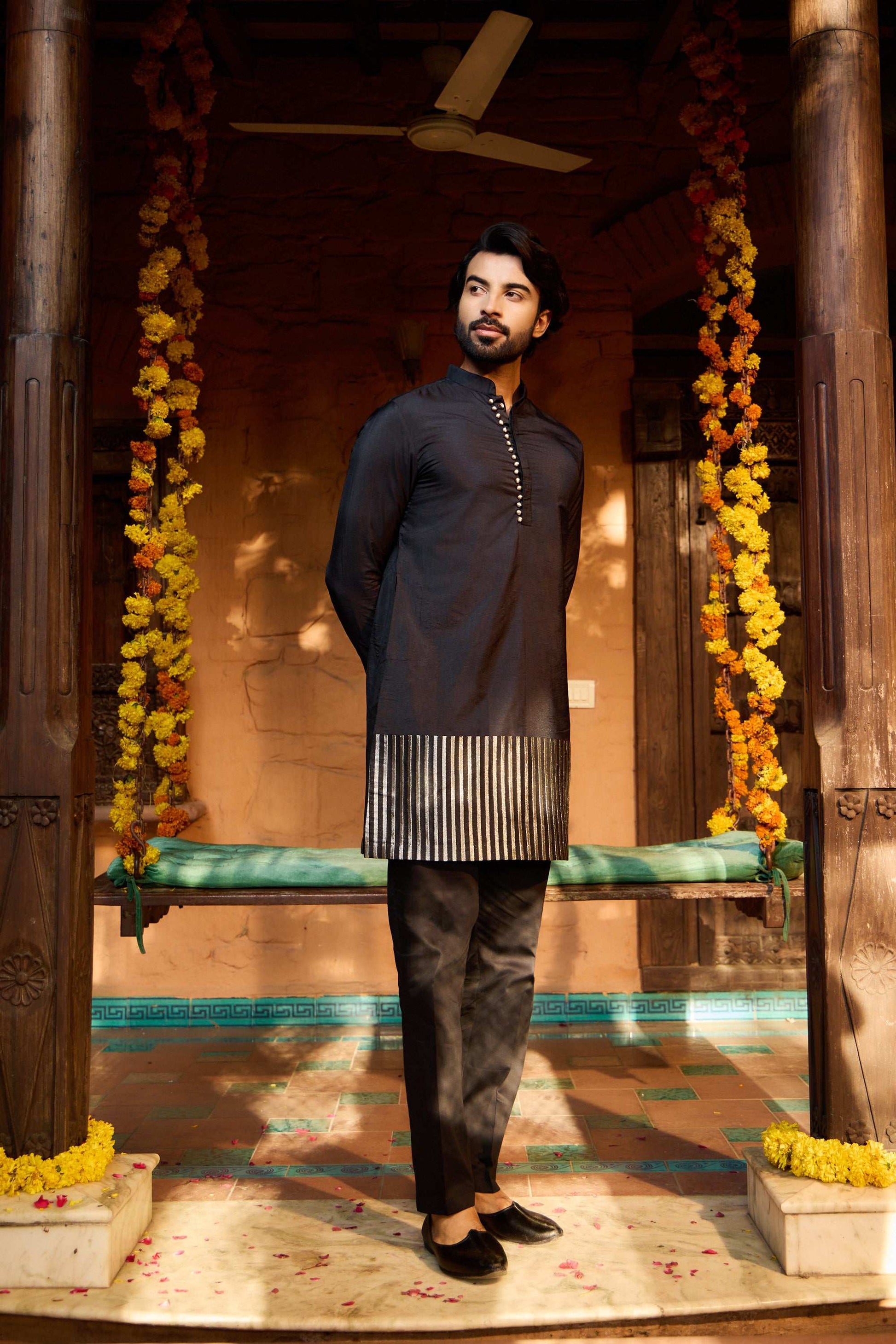 Mannat - Black Silk Silver Strips Co-ords Set for Men with Collar Kurta Pant Set Kurta Pant Set