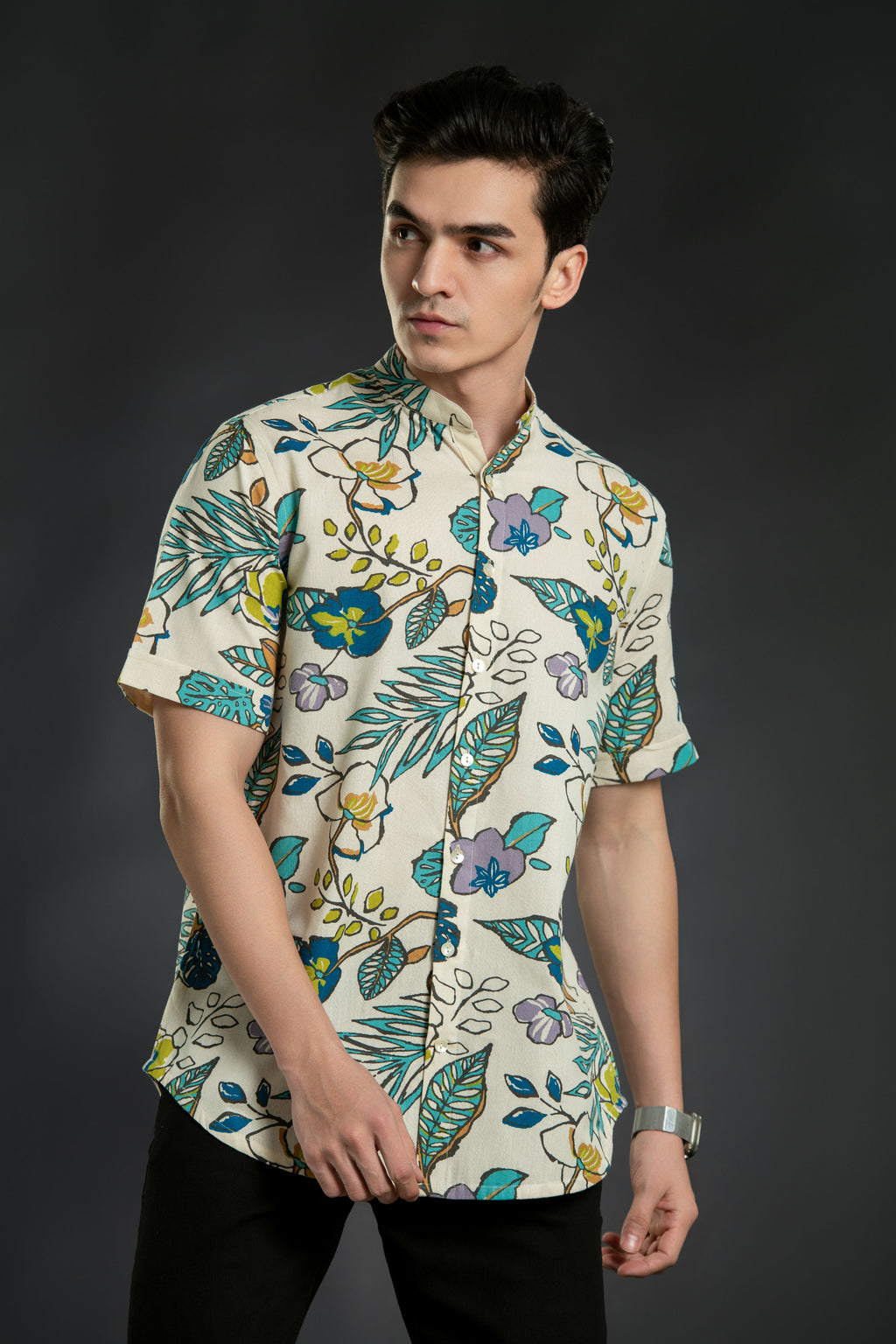mandarin collar beige leaf shirt
