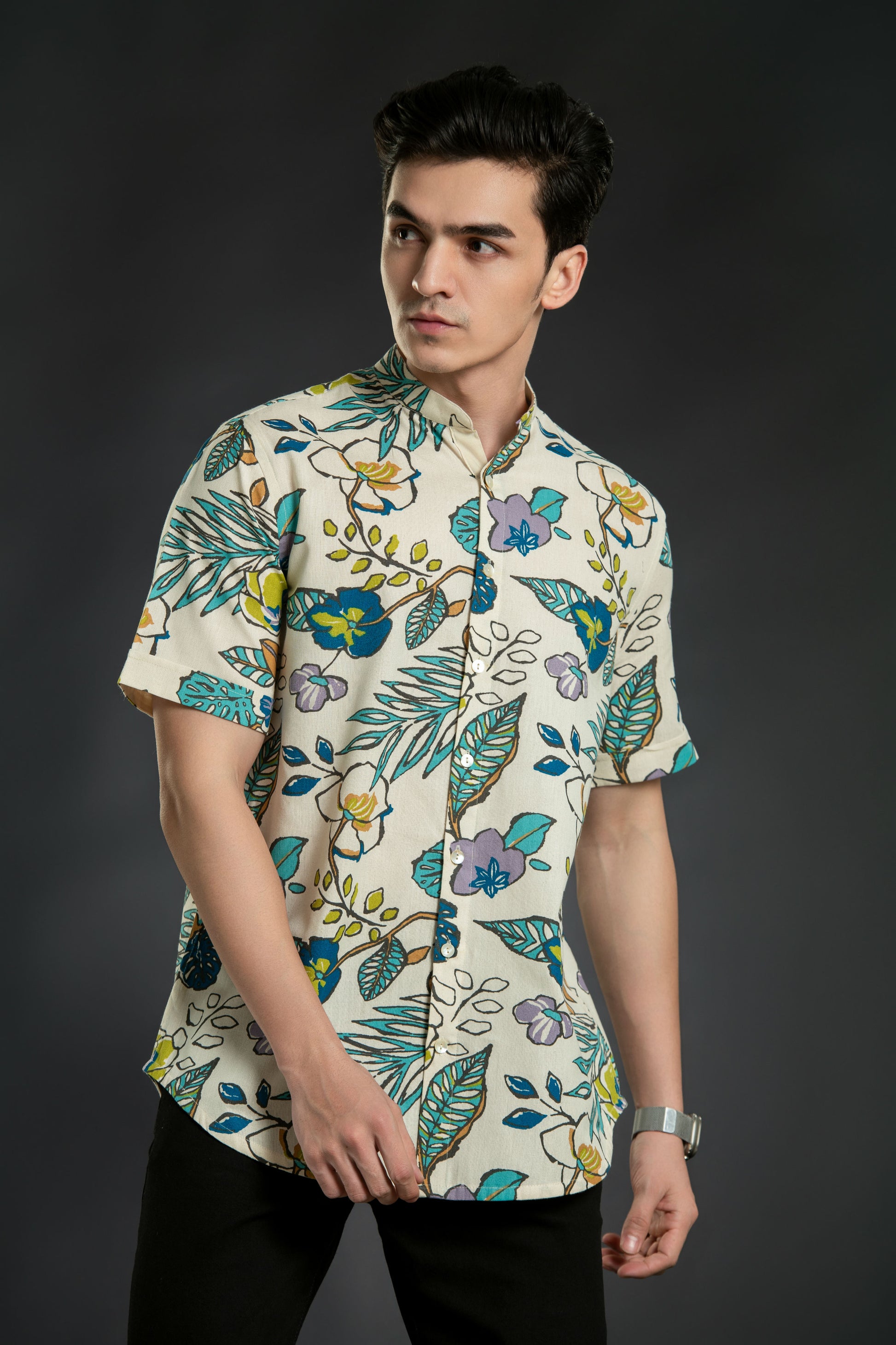 mandarin collar beige leaf shirt