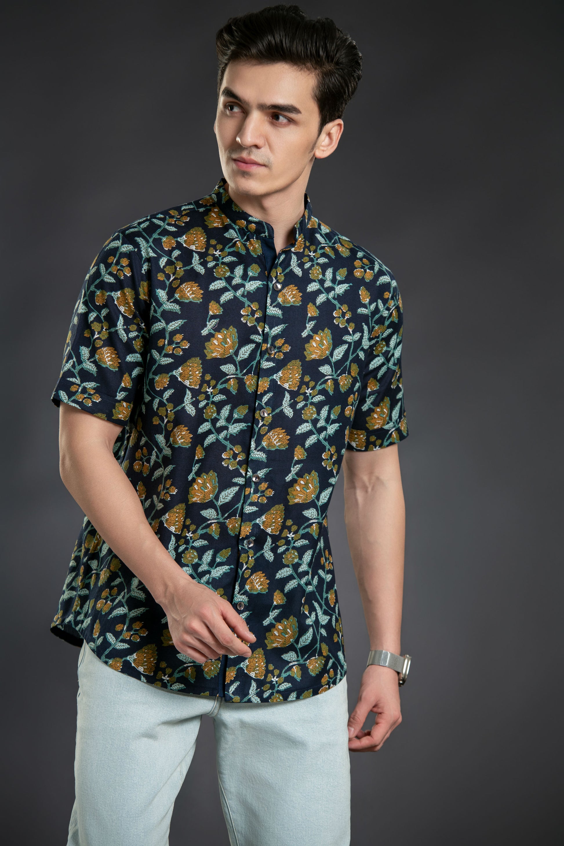 mandarin collar floral blue shirt 