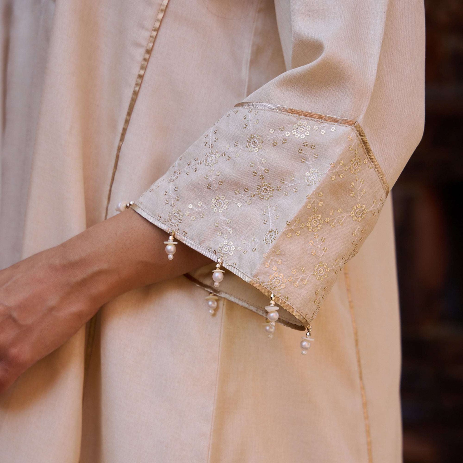 Aasma - V-Shaped Yoke Design Beige Silk Women's Kurta Set Short Kalidar Suit Short Kalidar Suit