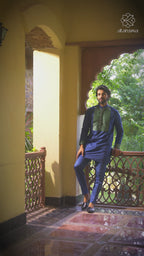 Azaan - Blue & Green Premium Silk Potli Button Men's Kurta Kurta Pant Set Kurta Pant Set