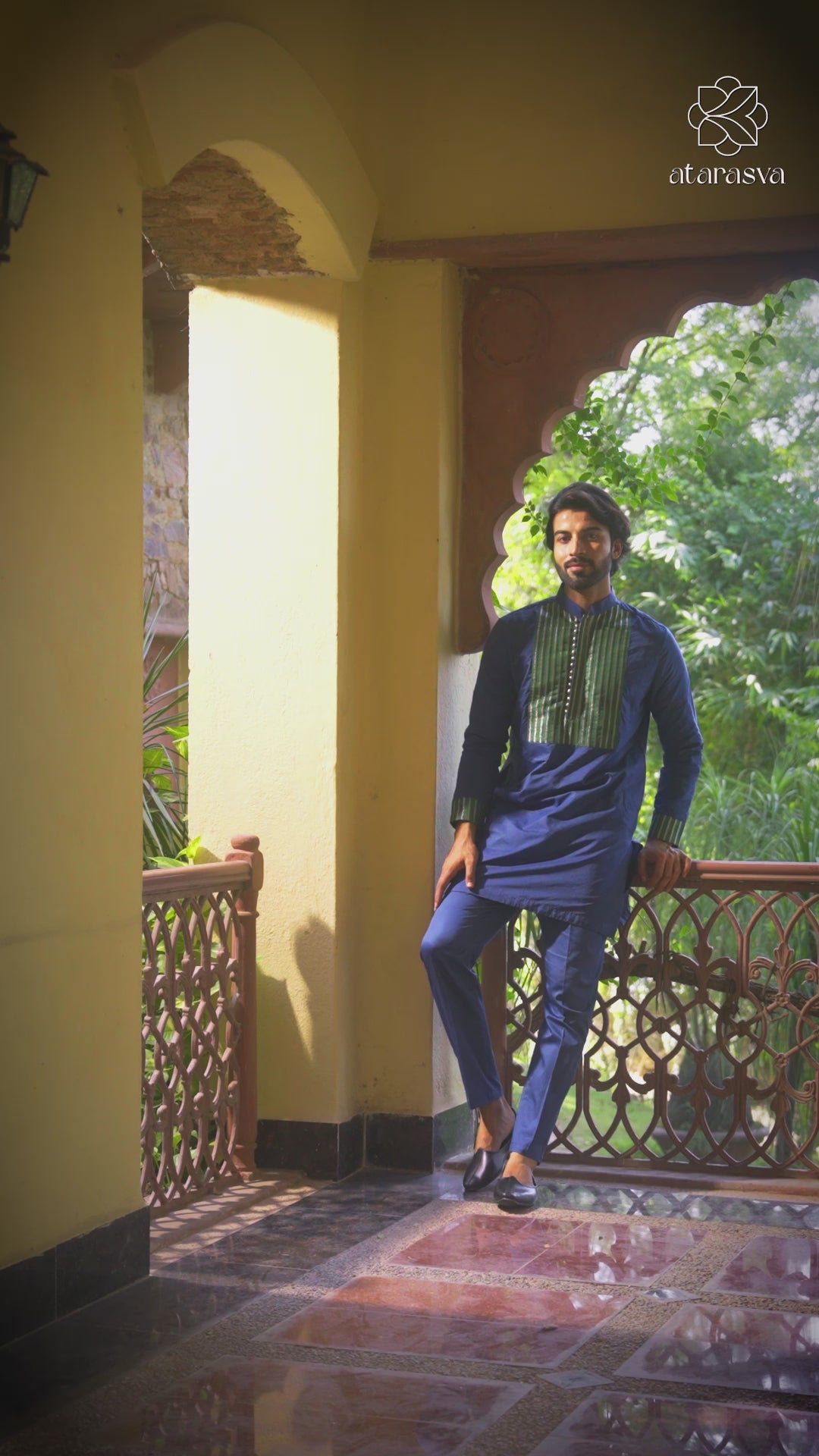 Azaan - Blue & Green Premium Silk Potli Button Men's Kurta Kurta Pant Set Kurta Pant Set