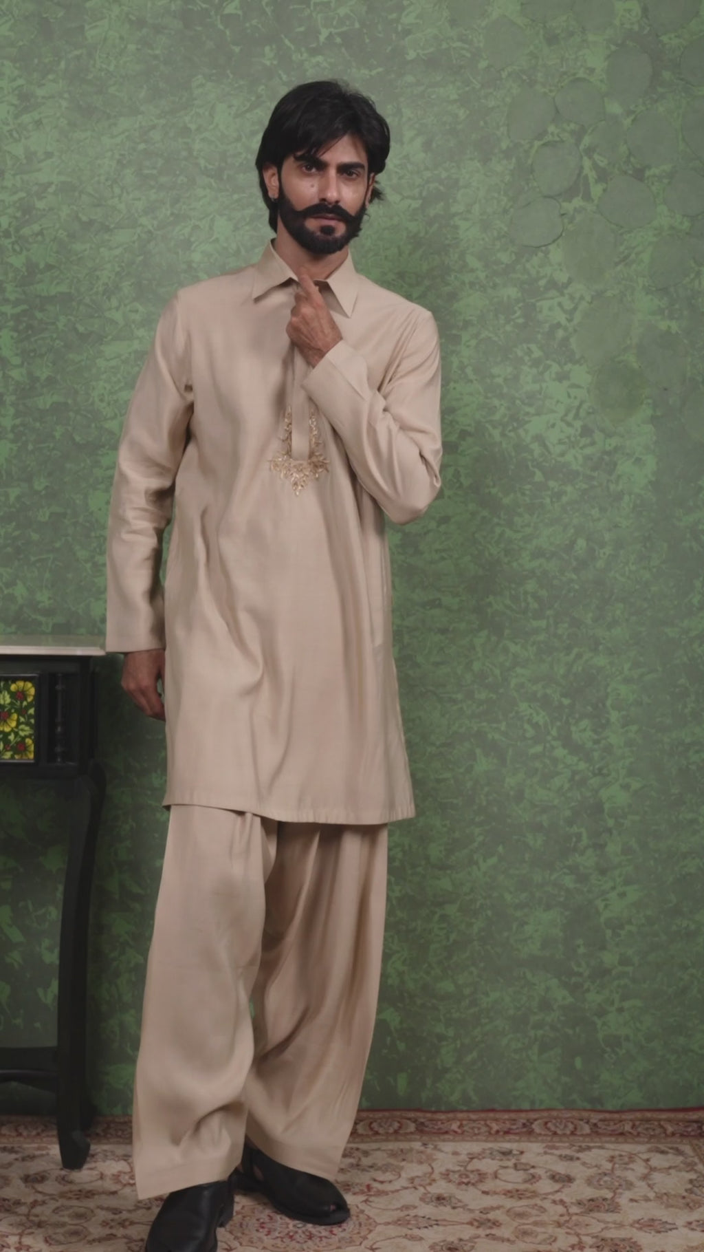 Parvaaz - Men's Embroiderd Beige Kurta Salwar Set