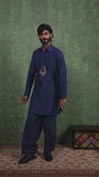 Parvaaz - Men's Embroiderd Royal Blue Kurta Salwar Set