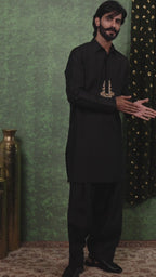 Parvaaz - Men's Embroiderd Black Kurta Salwar Set