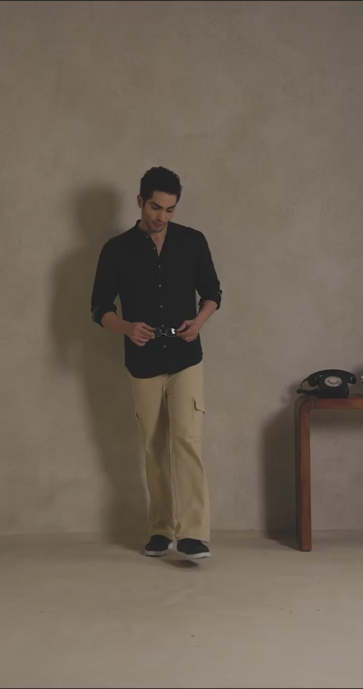 Retro Black - Linen Mandarin Collar Shirt for Men