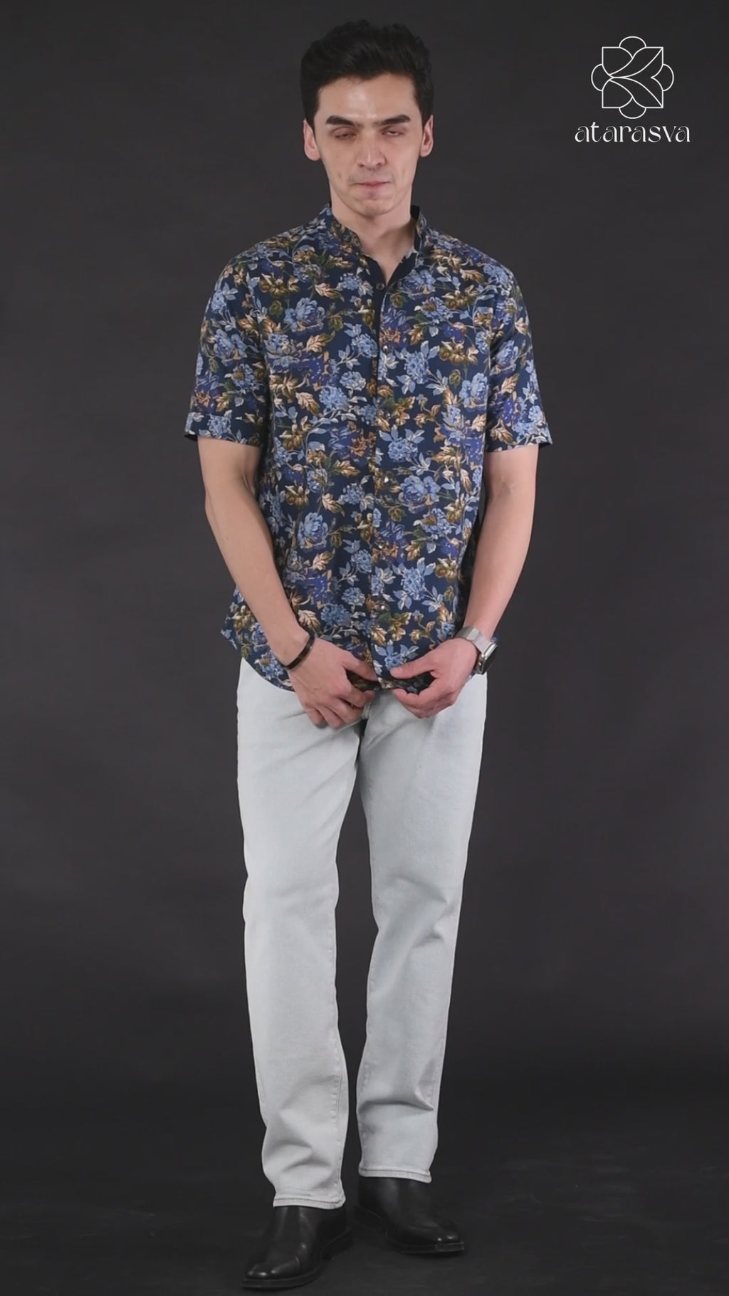 Royal Blue Floral Print Mandarin Collar Shirt