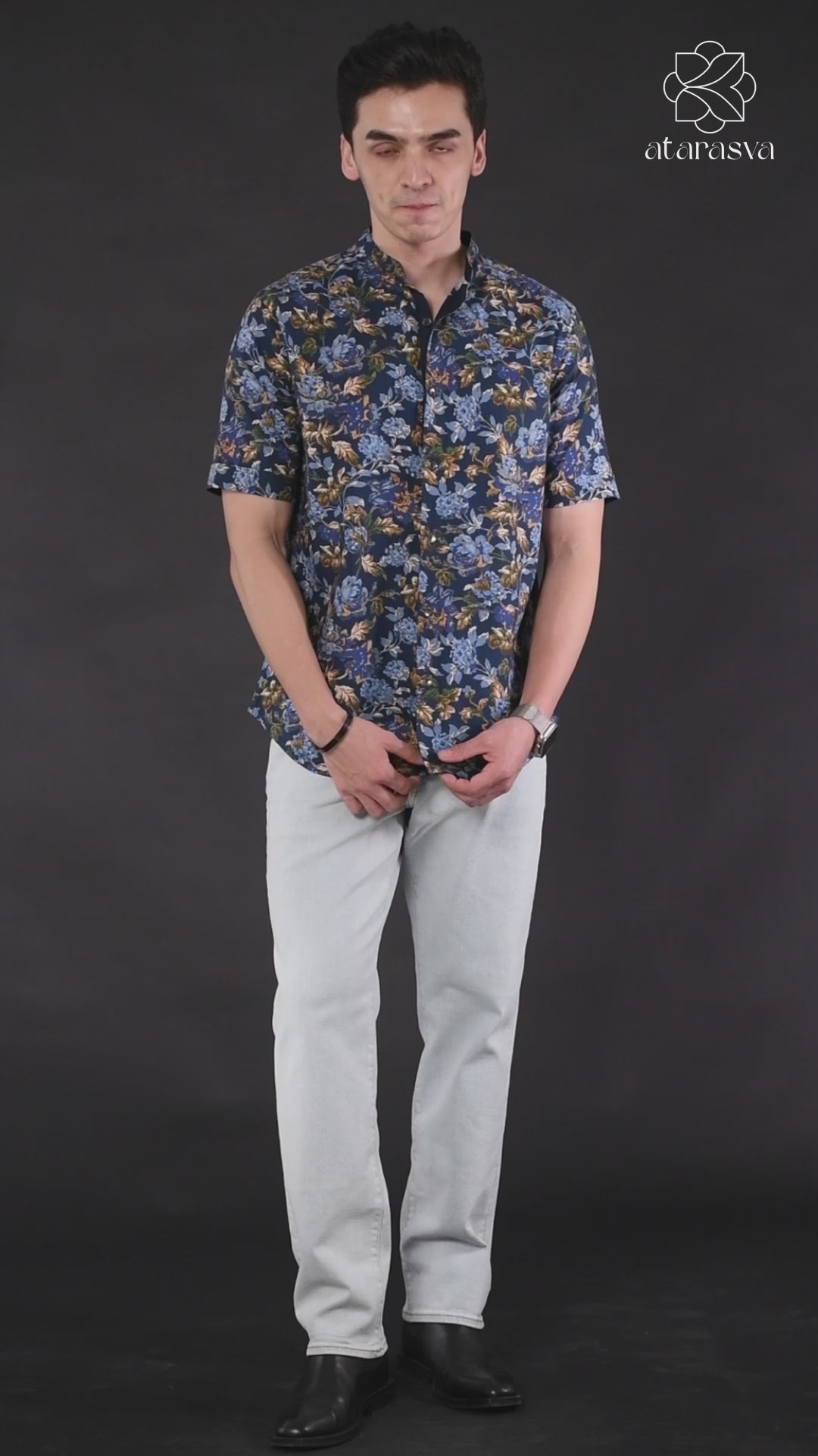 Royal Blue Floral Print Mandarin Collar Shirt